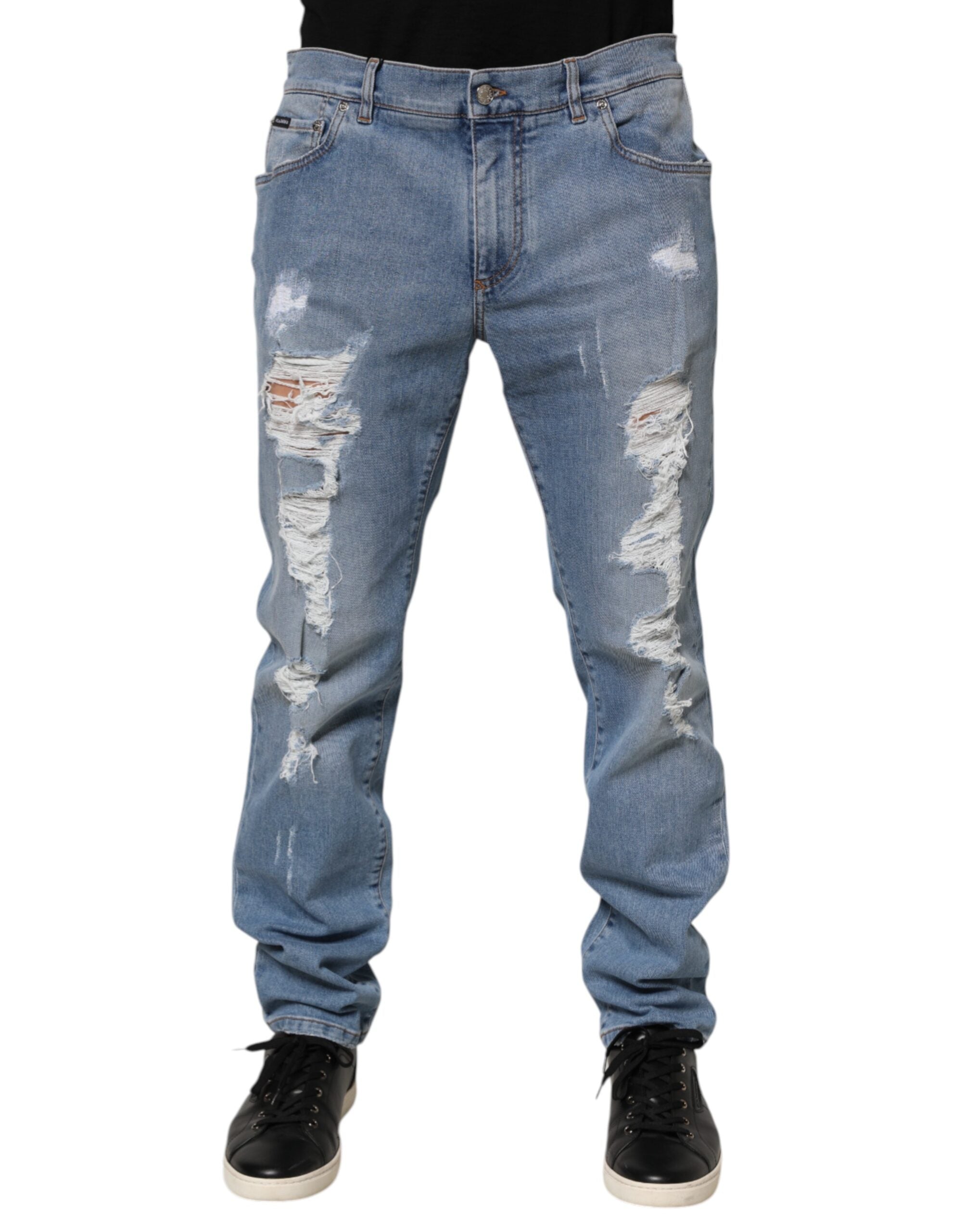 Blue Tattered Slim Fit Cotton Denim Jeans - ventzia