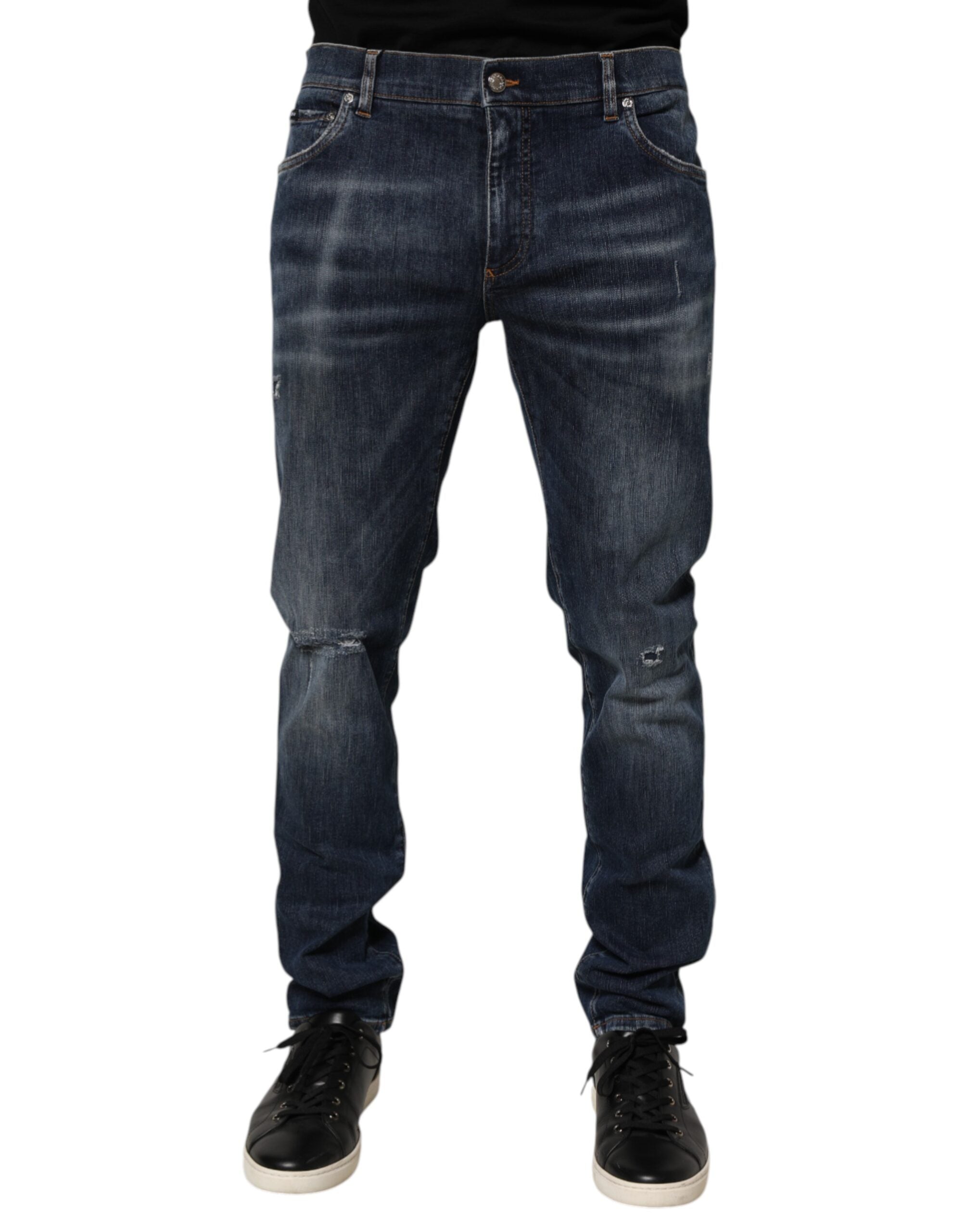 Dark Blue Washed Running Ripped Denim Jeans - ventzia