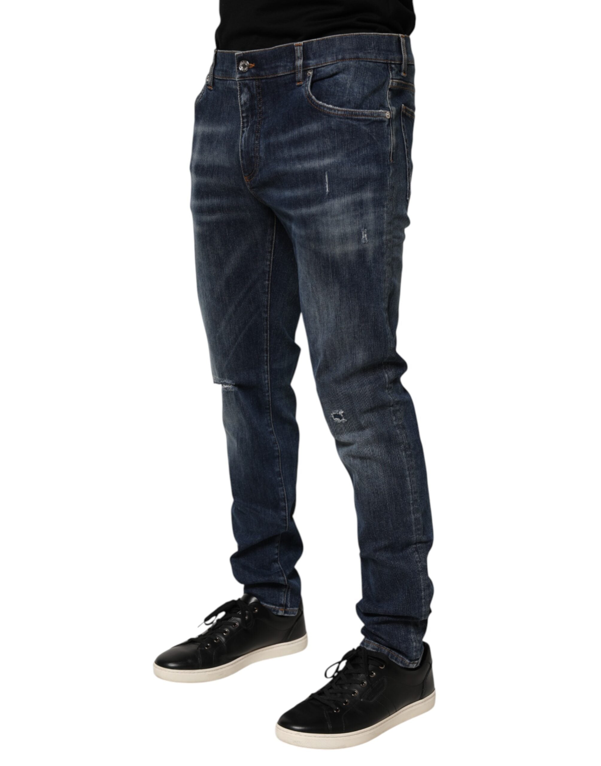 Dark Blue Washed Running Ripped Denim Jeans - ventzia
