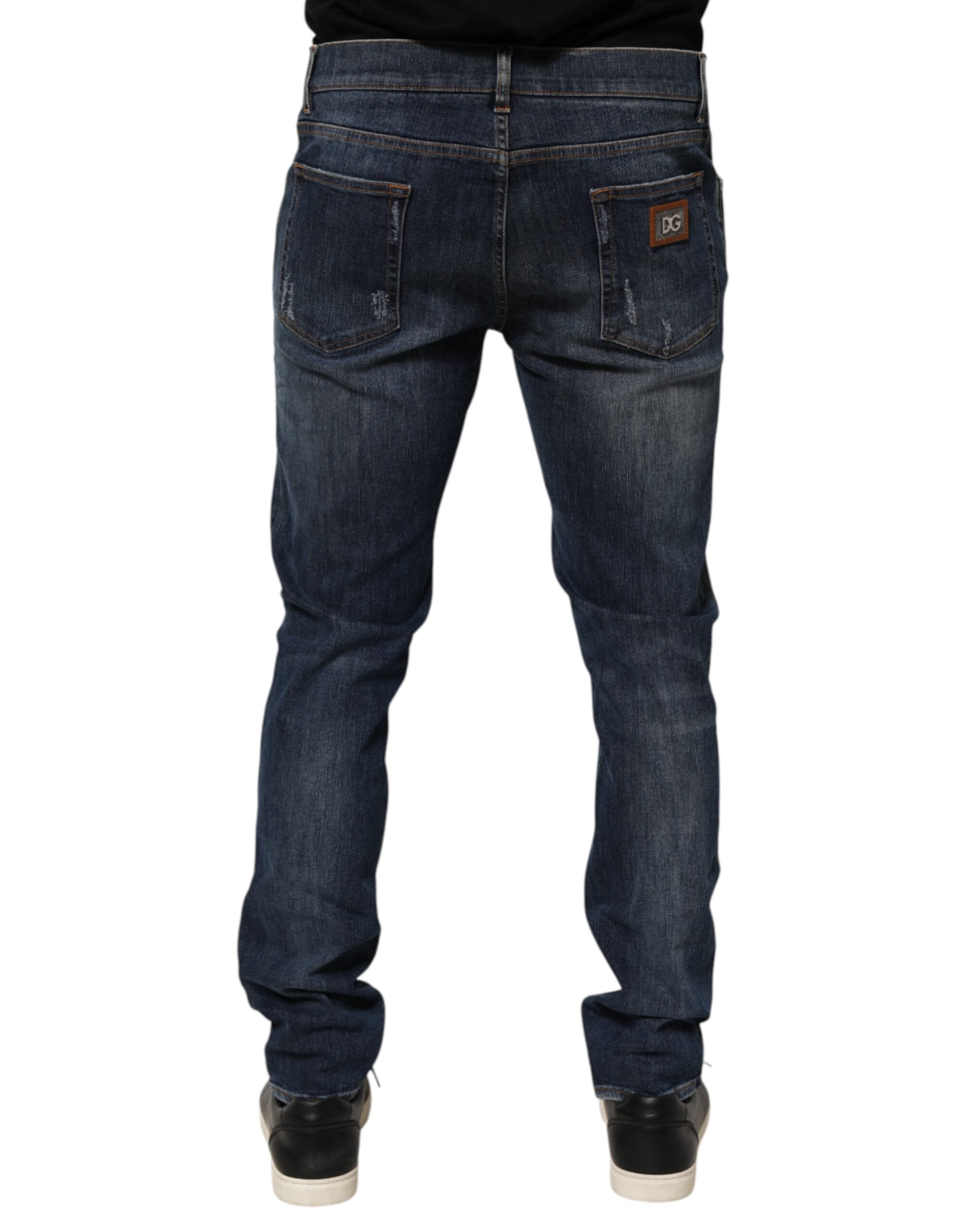 Dark Blue Washed Running Ripped Denim Jeans - ventzia