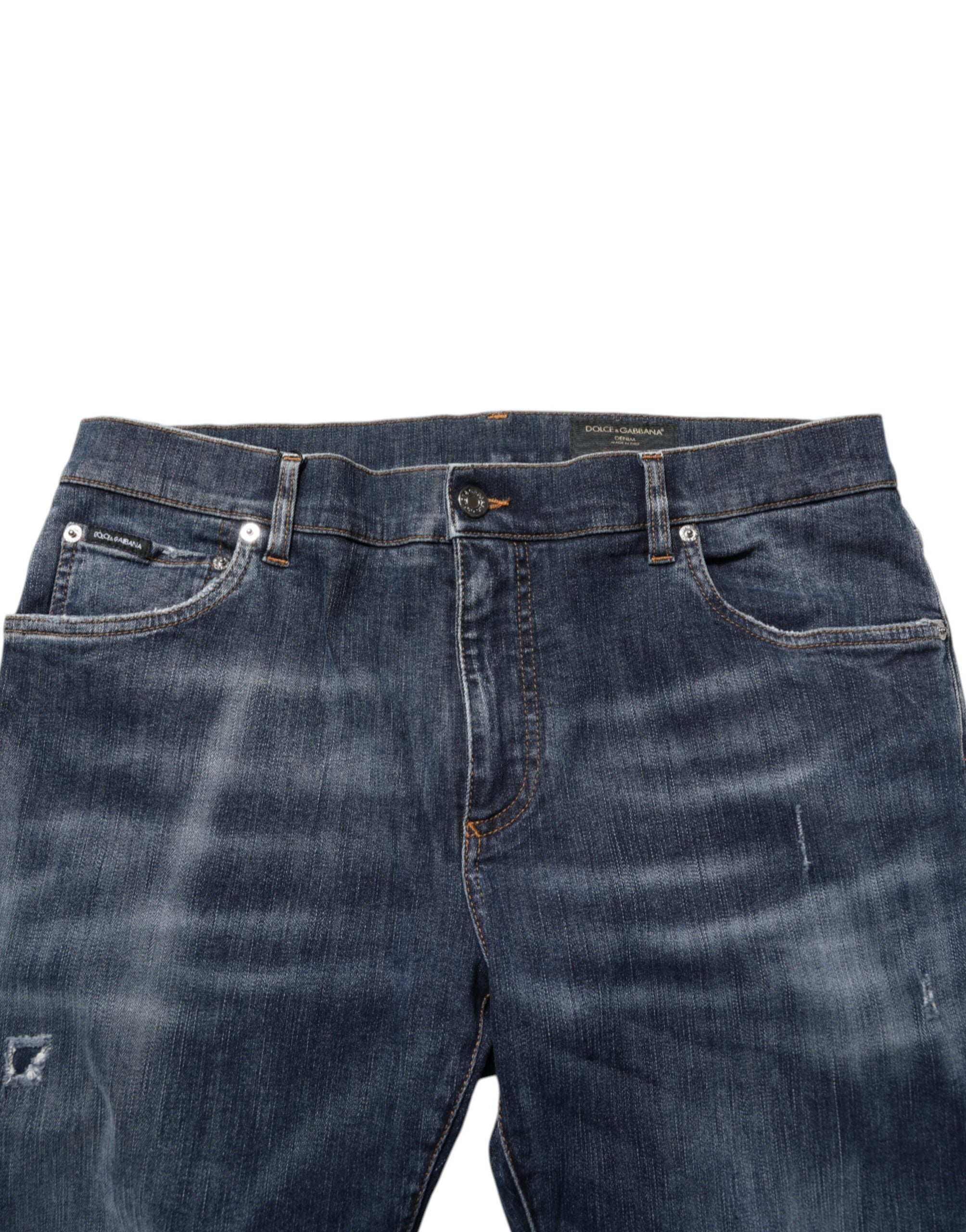 Dark Blue Washed Running Ripped Denim Jeans - ventzia