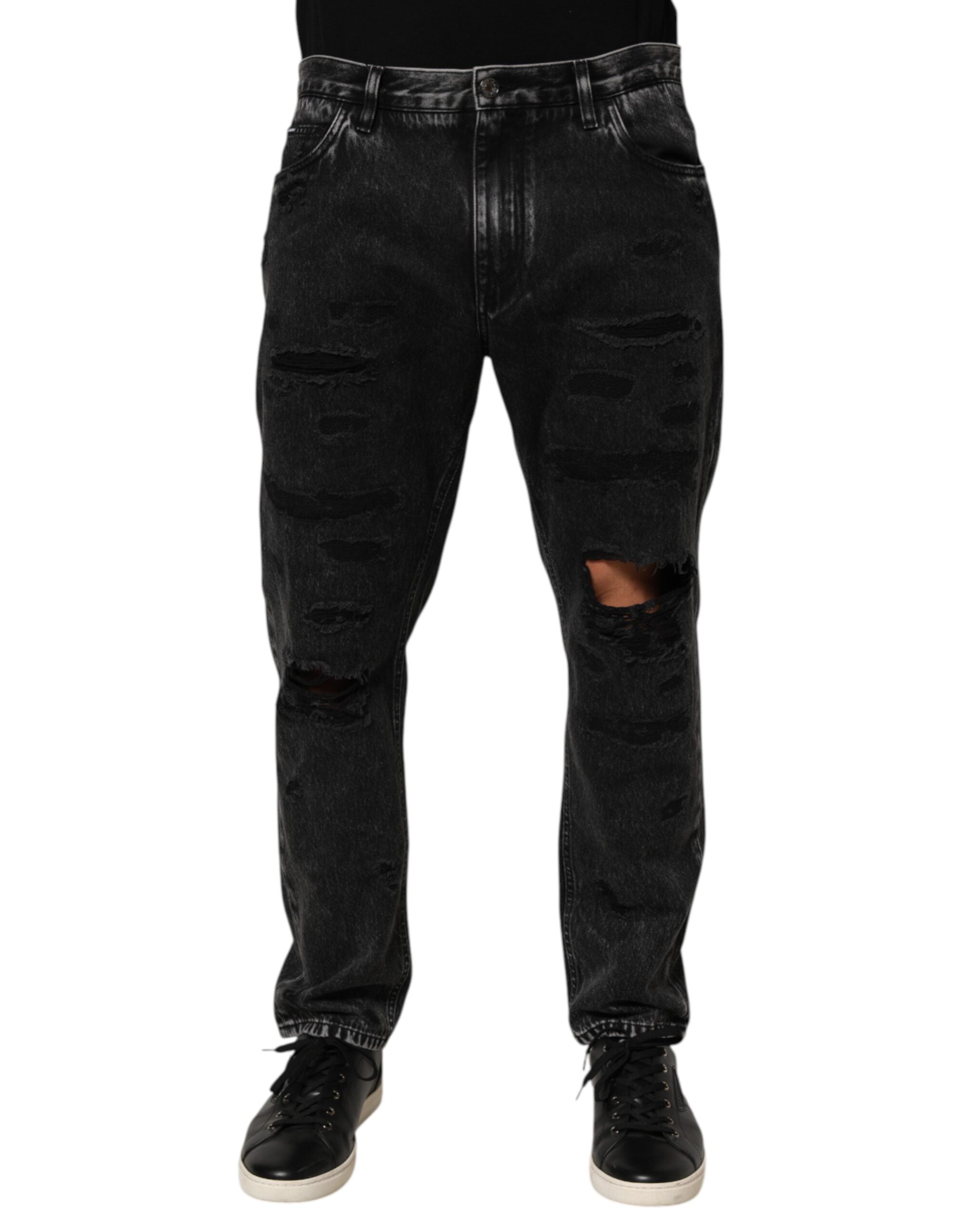 Black Washed Ripped Loose Cotton Denim Jeans - ventzia
