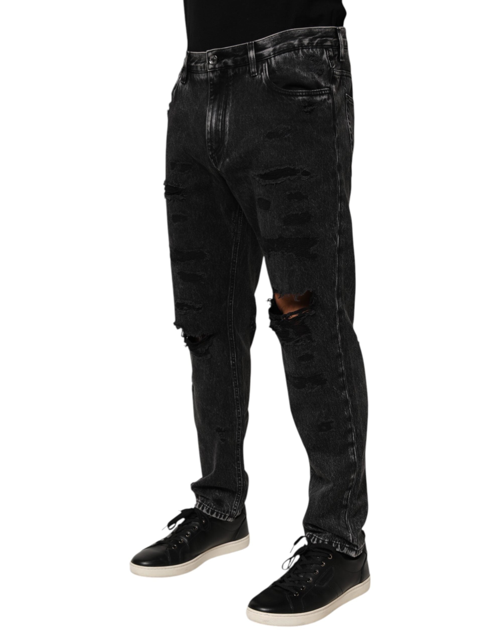 Black Washed Ripped Loose Cotton Denim Jeans - ventzia
