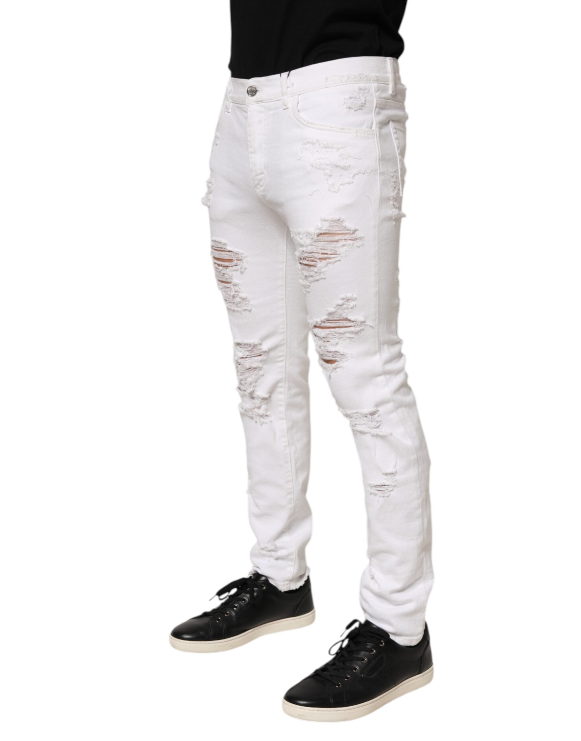 White Distressed Ripped Denim Trouser Jeans - ventzia