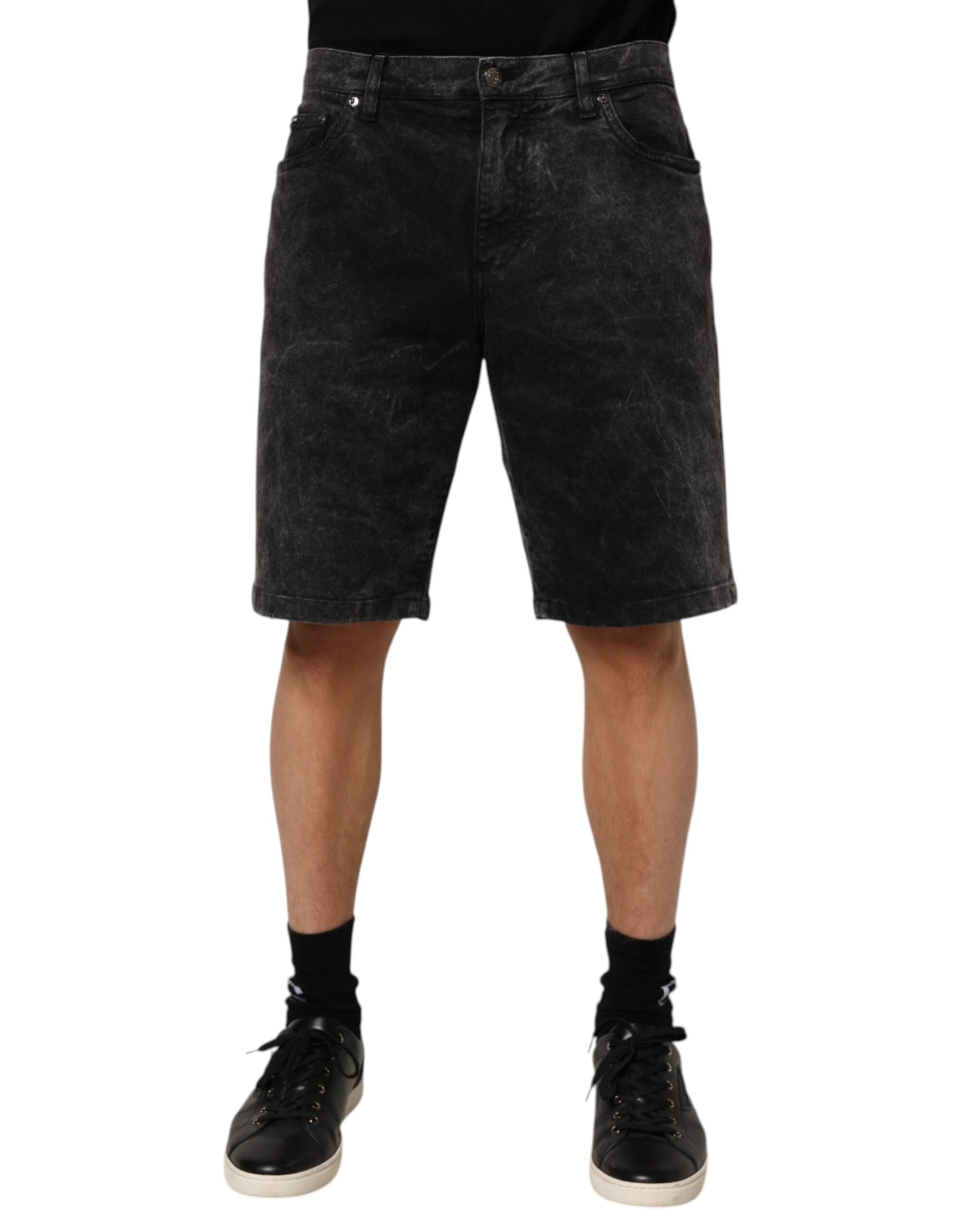 Black Cotton Mid Waist Denim Men Bermuda Short - ventzia