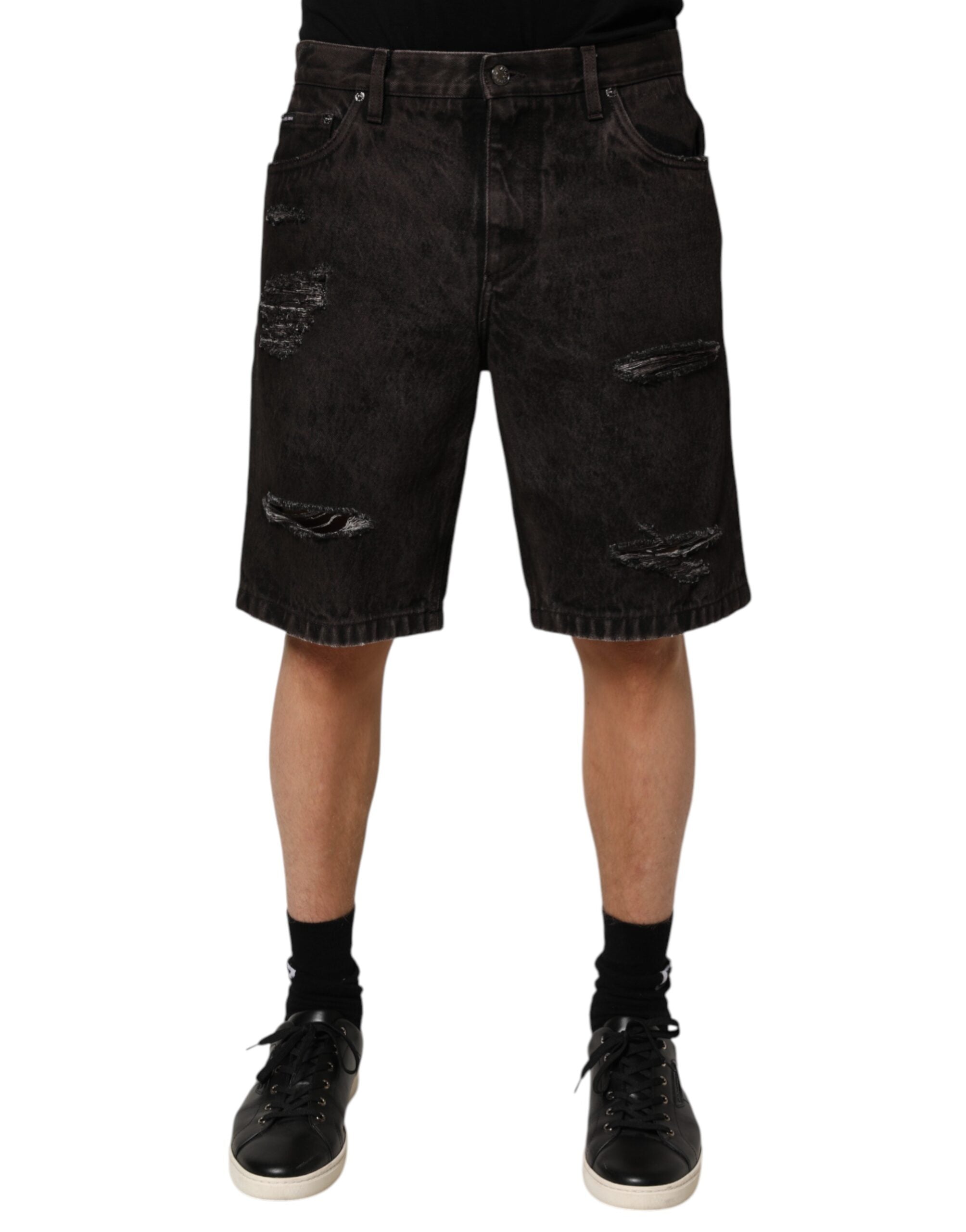 Black Cotton Tattered Denim Men Bermuda Short - ventzia