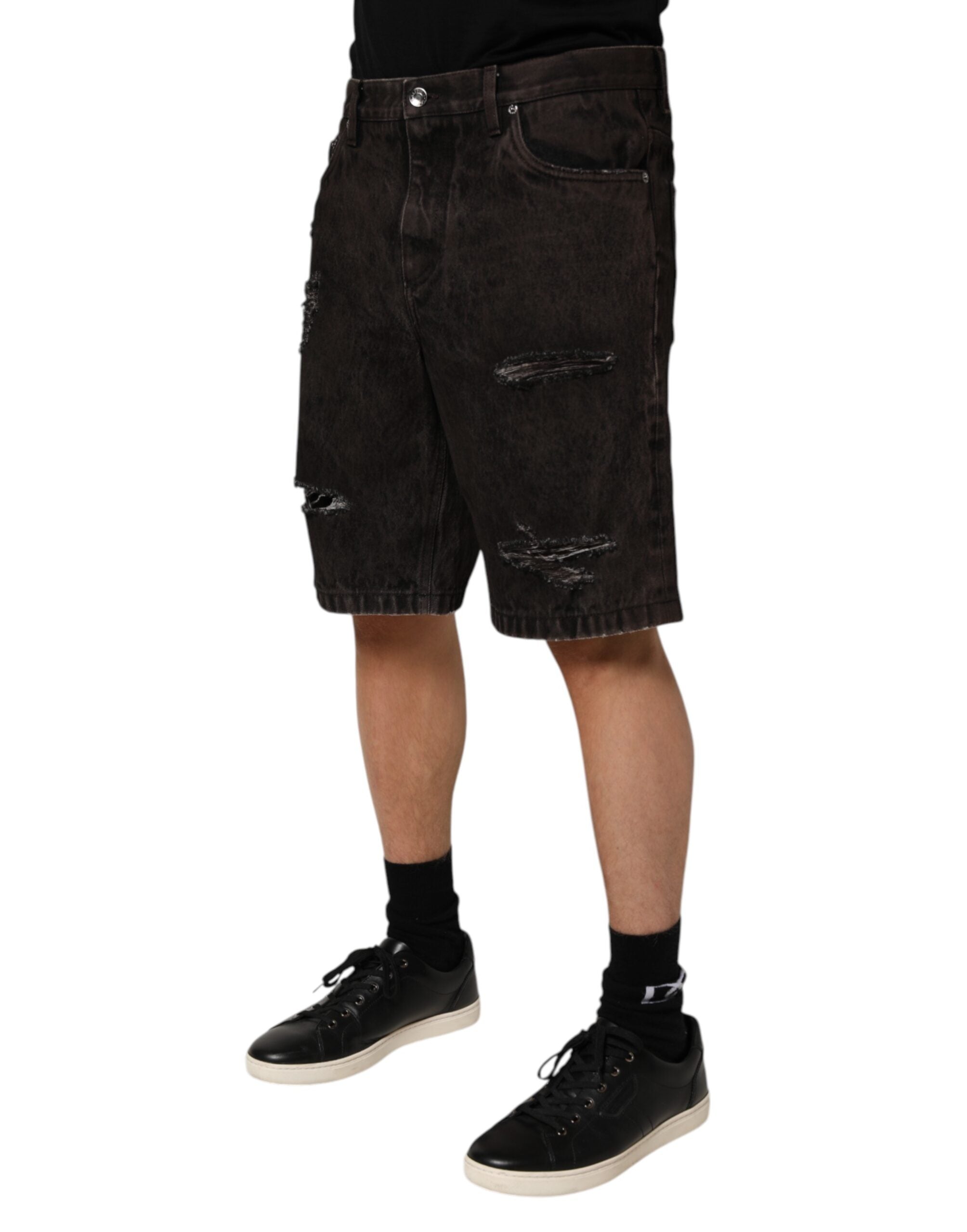 Black Cotton Tattered Denim Men Bermuda Short - ventzia
