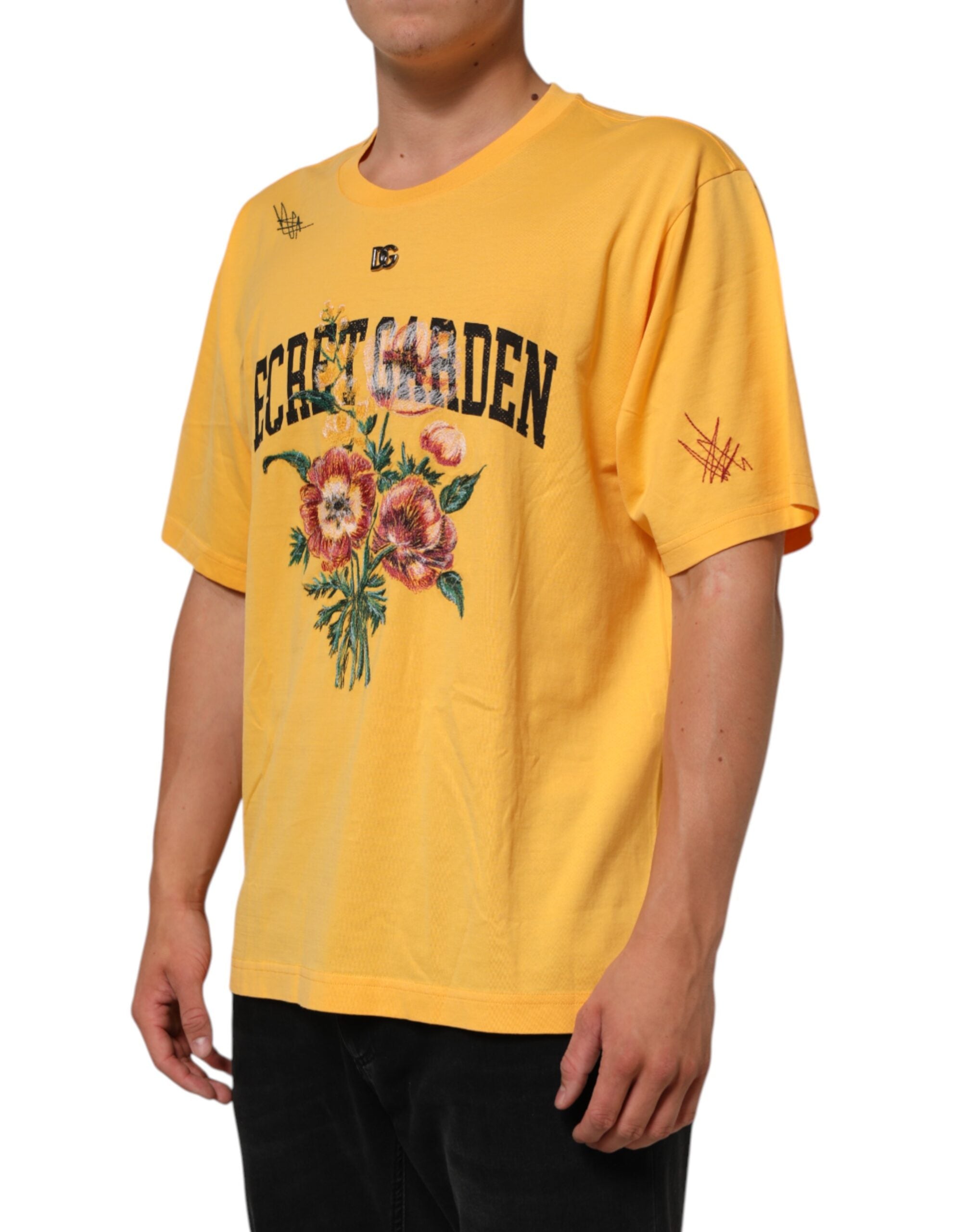 Yellow Secret Graden Floral Cotton CrewNeck T-shirt - ventzia