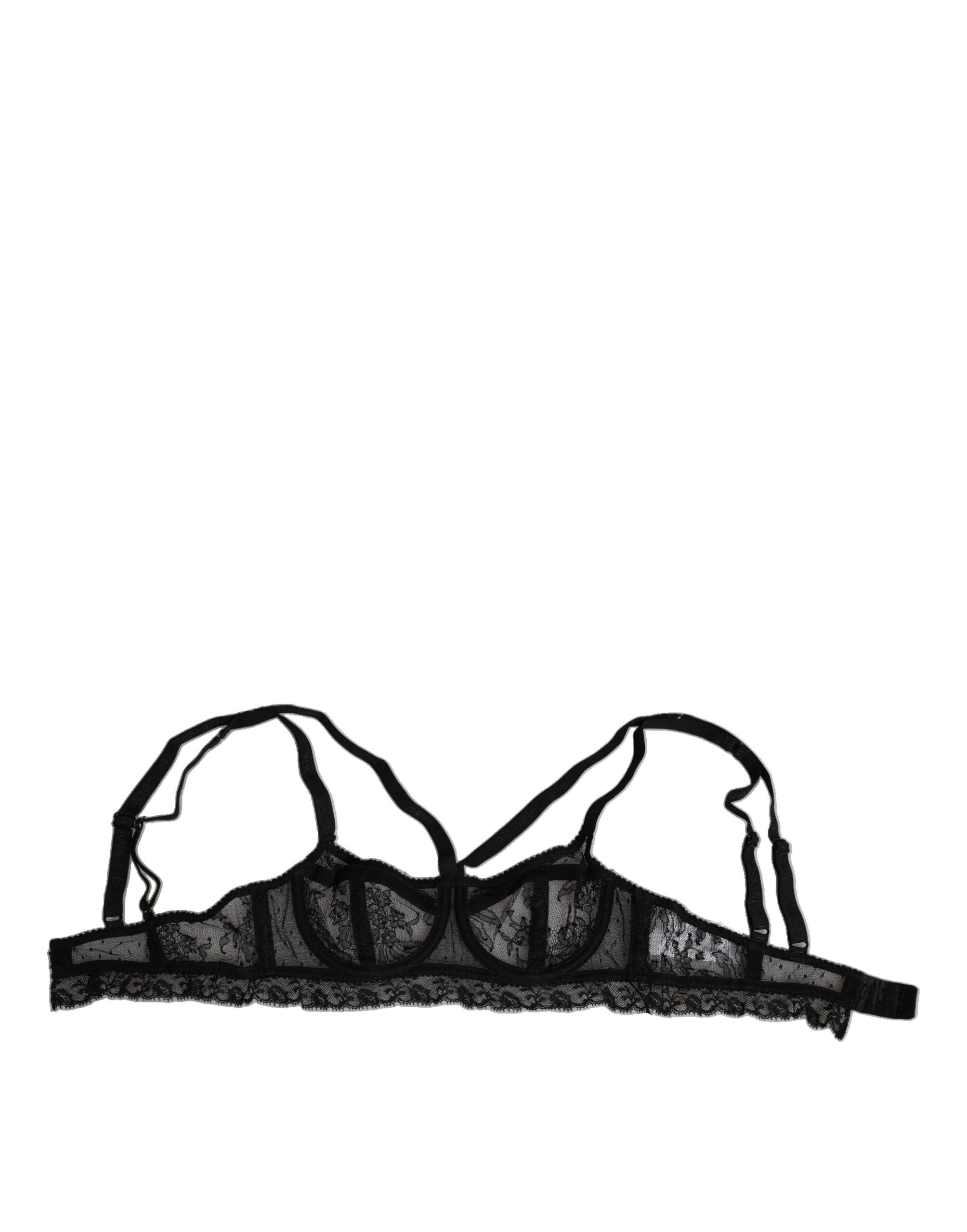 Black Floral Lace Nylon Balconcino Bra Underwear - ventzia