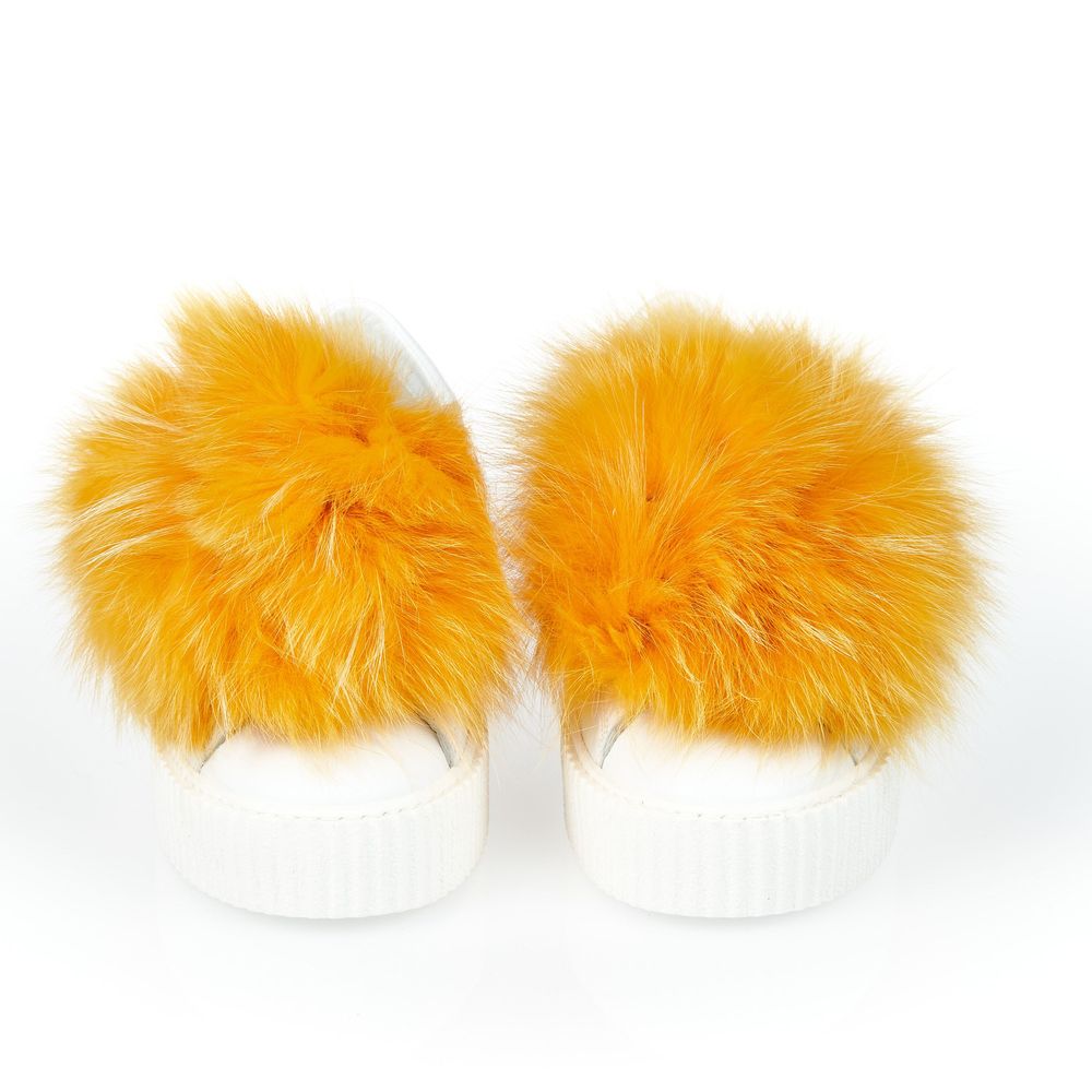 White Textile Women Sneaker with Fur Pom Poms - ventzia