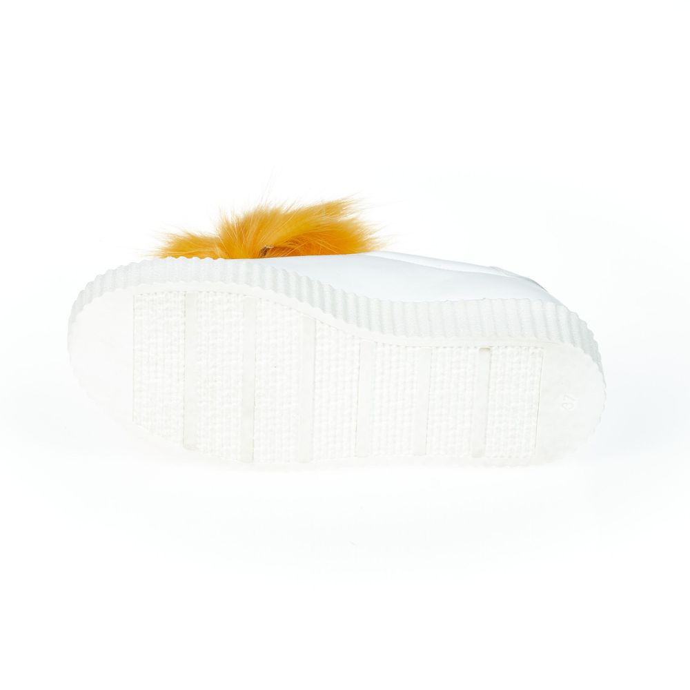White Textile Women Sneaker with Fur Pom Poms - ventzia