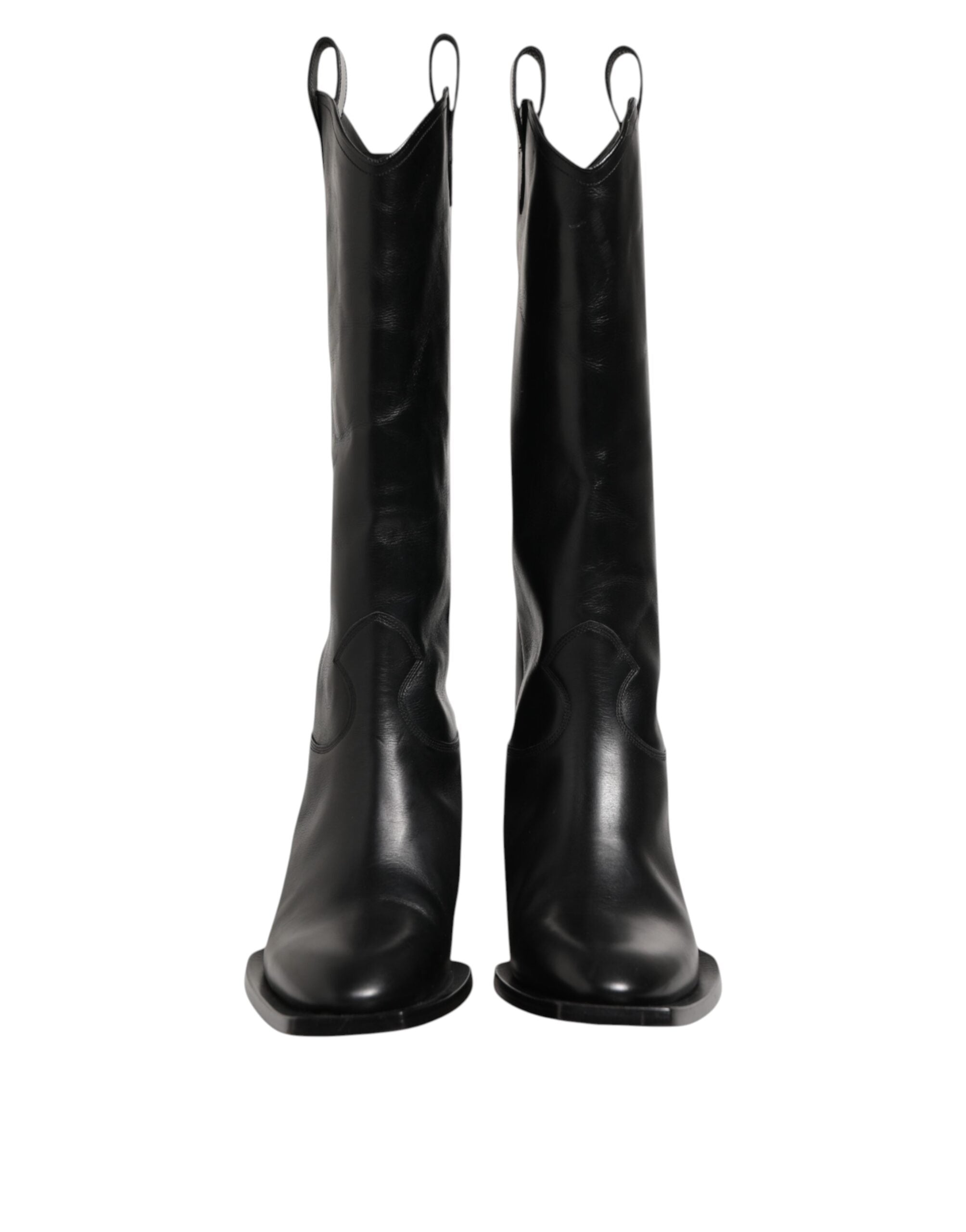 Black Leather Over The Calf Biker Boots Shoes - ventzia