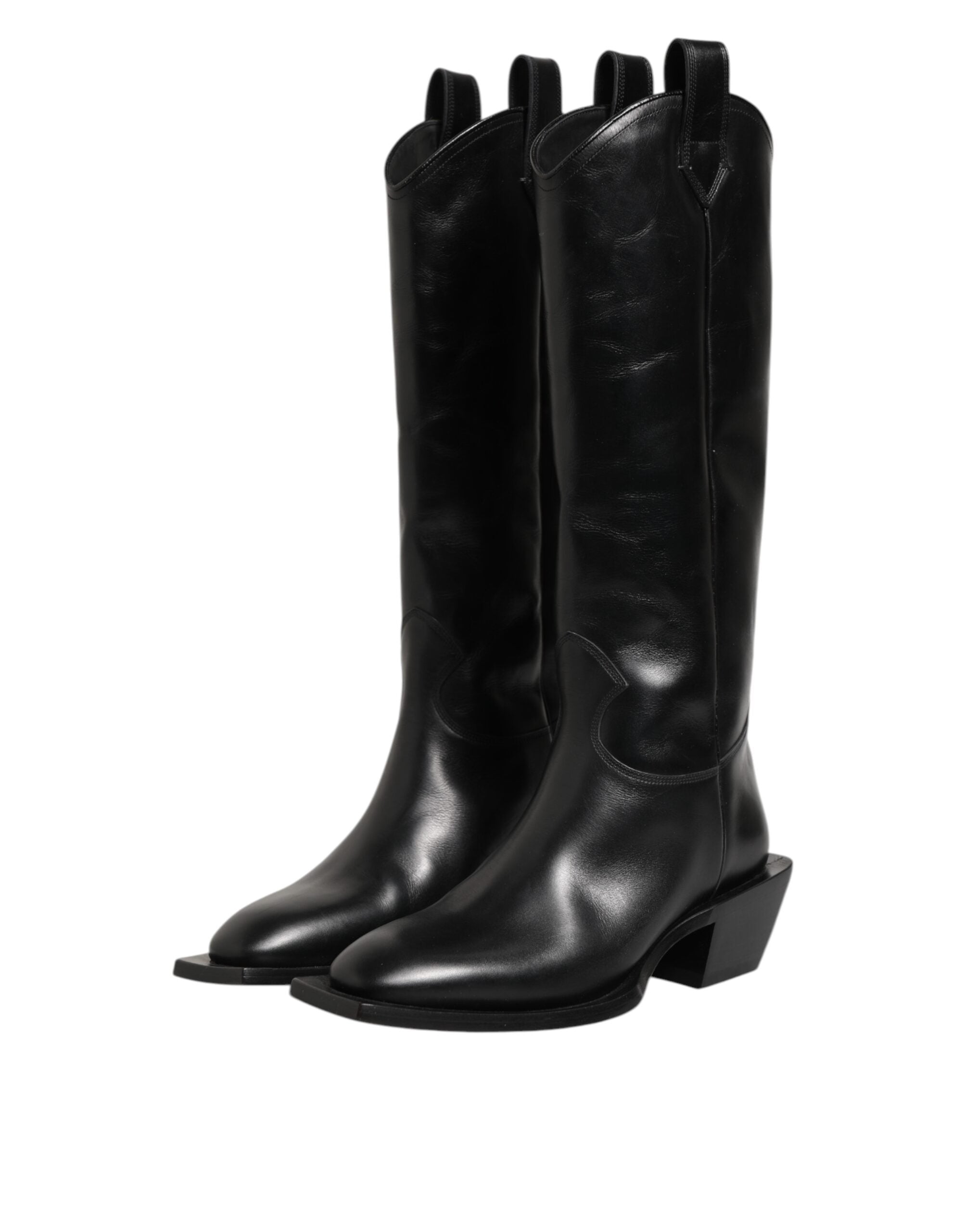 Black Leather Over The Calf Biker Boots Shoes - ventzia