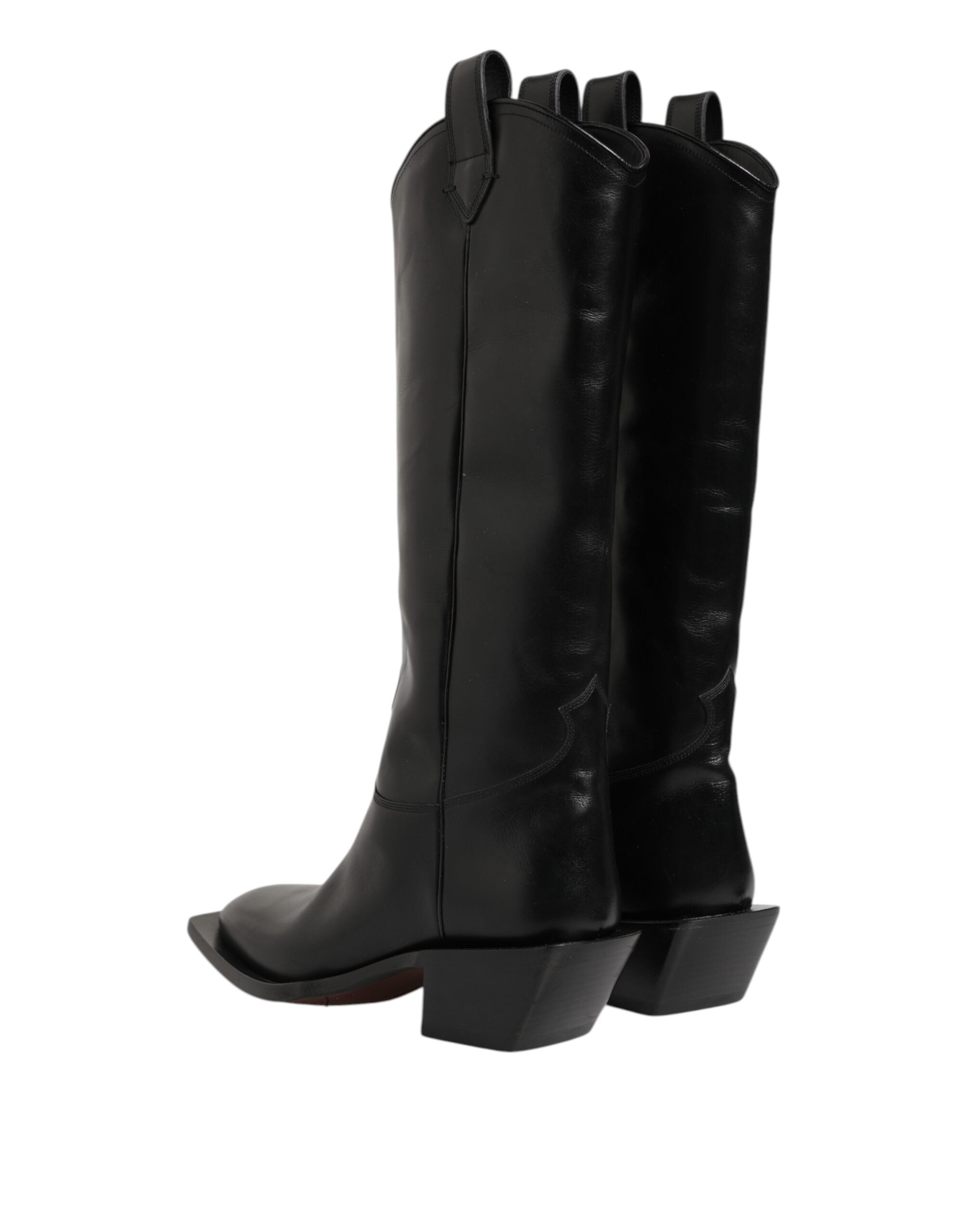 Black Leather Over The Calf Biker Boots Shoes - ventzia