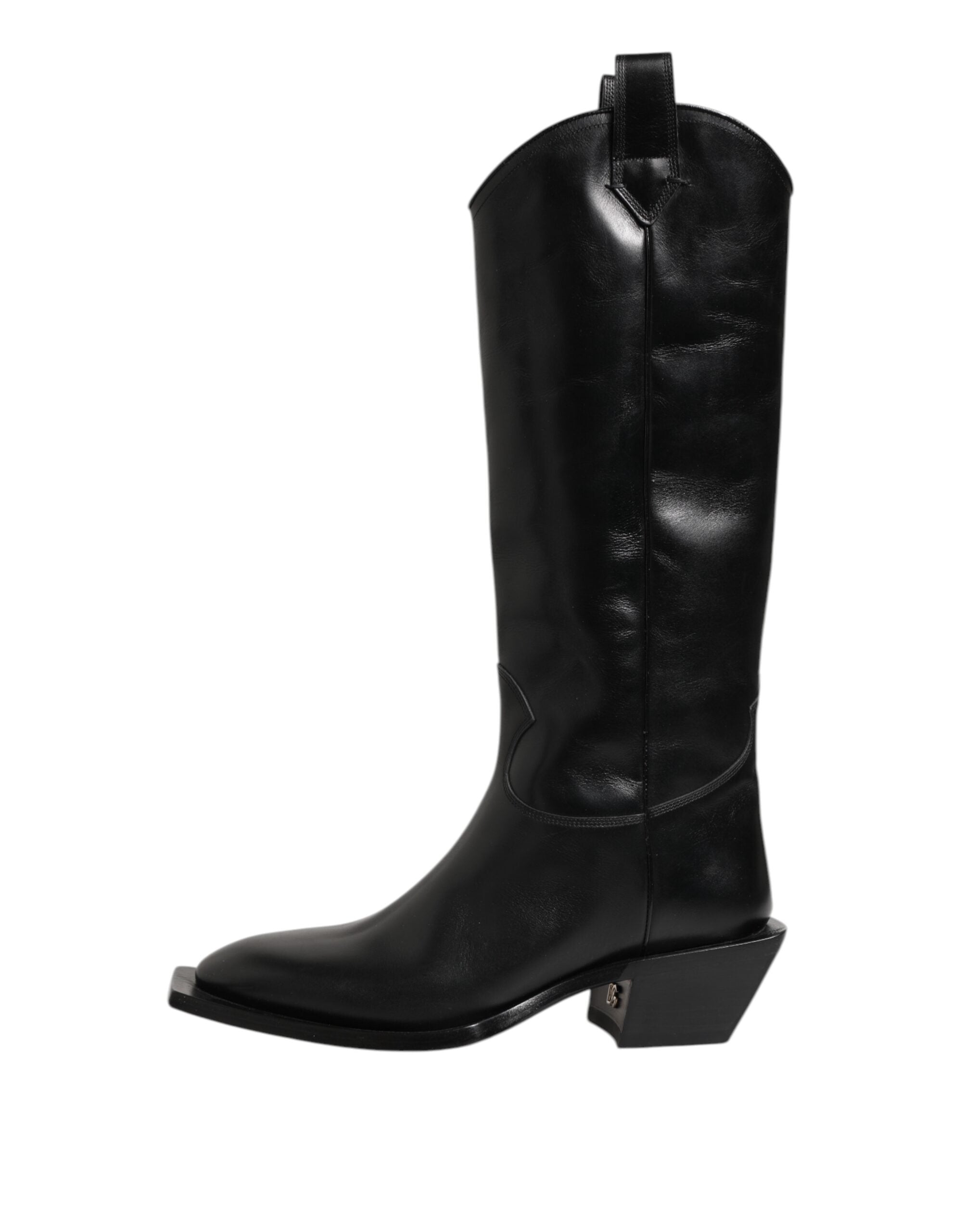 Black Leather Over The Calf Biker Boots Shoes - ventzia