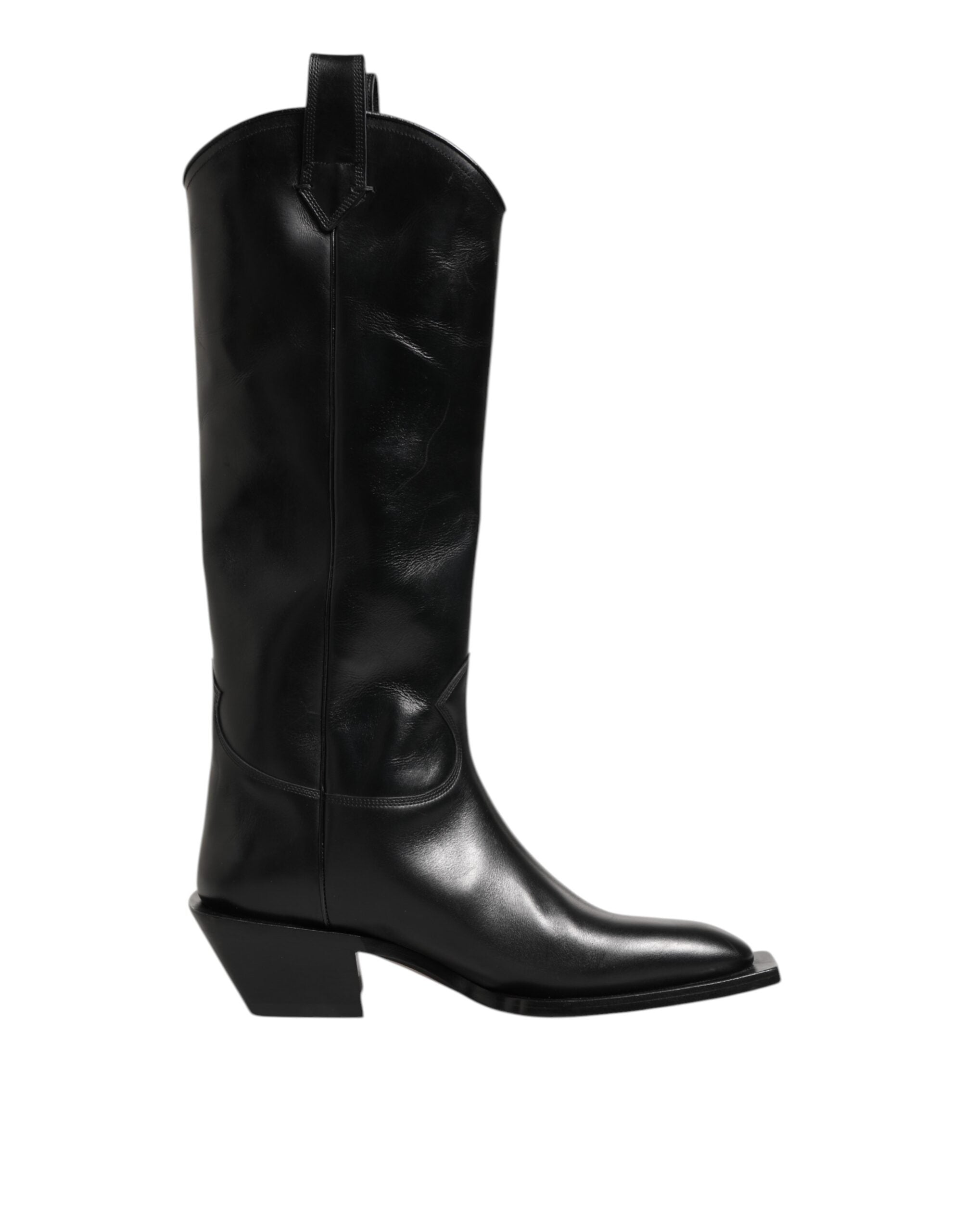 Black Leather Over The Calf Biker Boots Shoes - ventzia