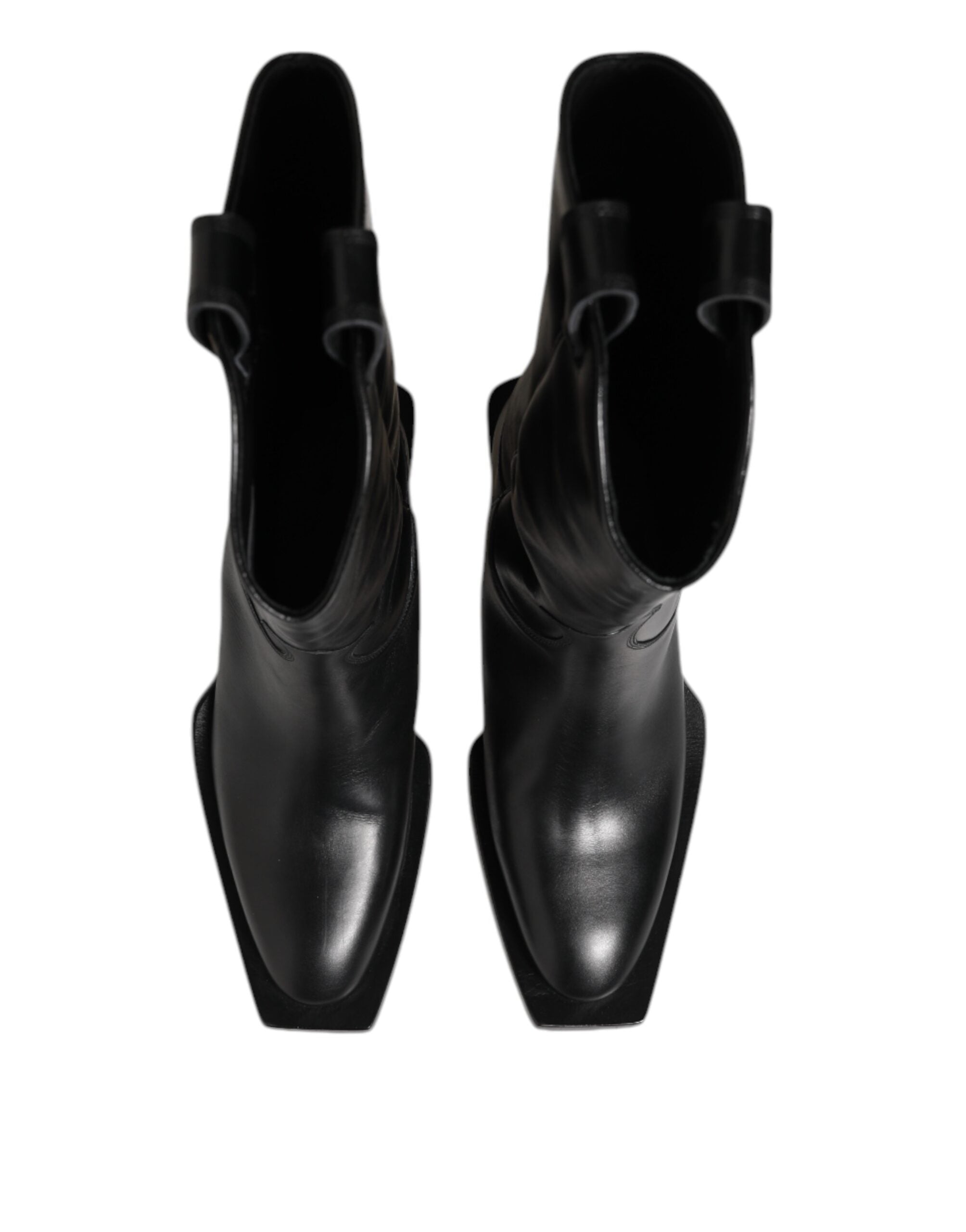 Black Leather Over The Calf Biker Boots Shoes - ventzia