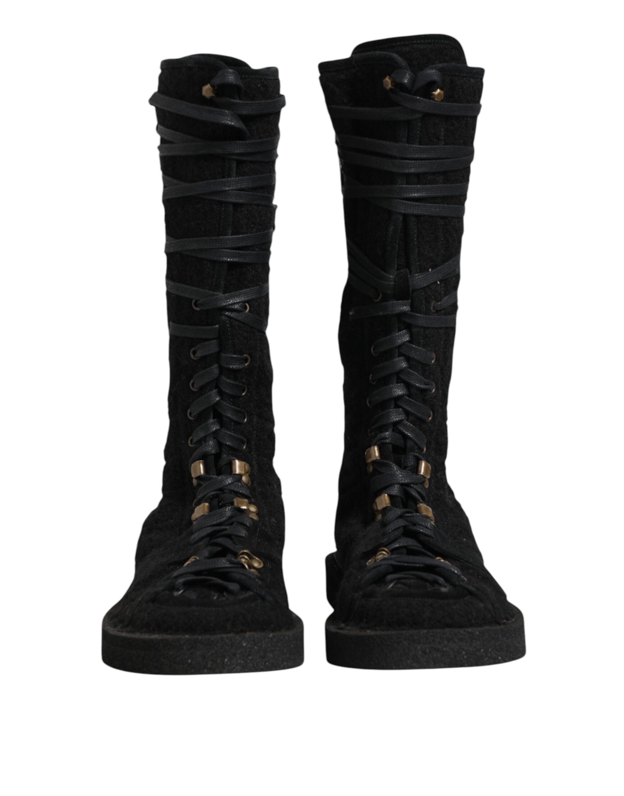 Black Alpaca Wool Suede Mid Calf Boots Shoes - ventzia