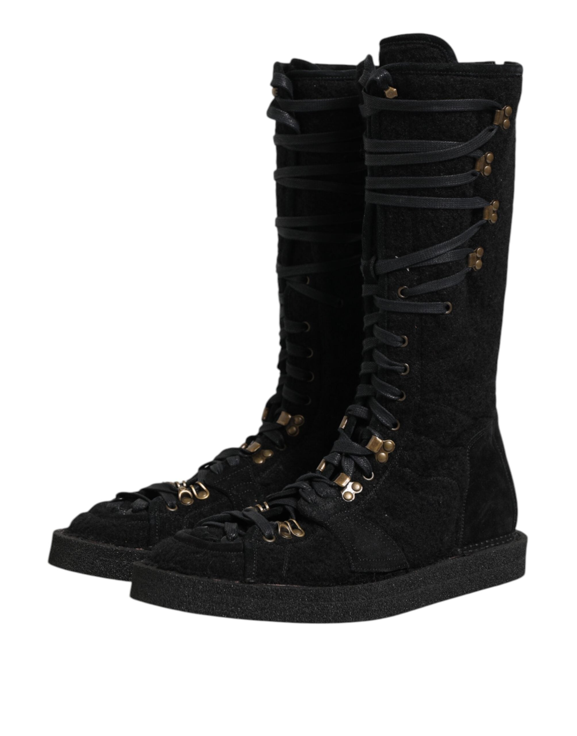 Black Alpaca Wool Suede Mid Calf Boots Shoes - ventzia