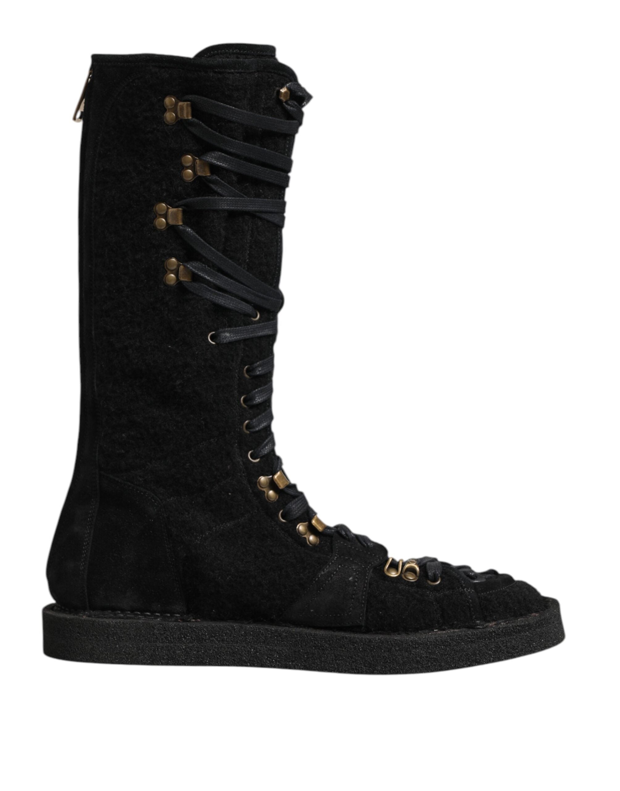 Black Alpaca Wool Suede Mid Calf Boots Shoes - ventzia