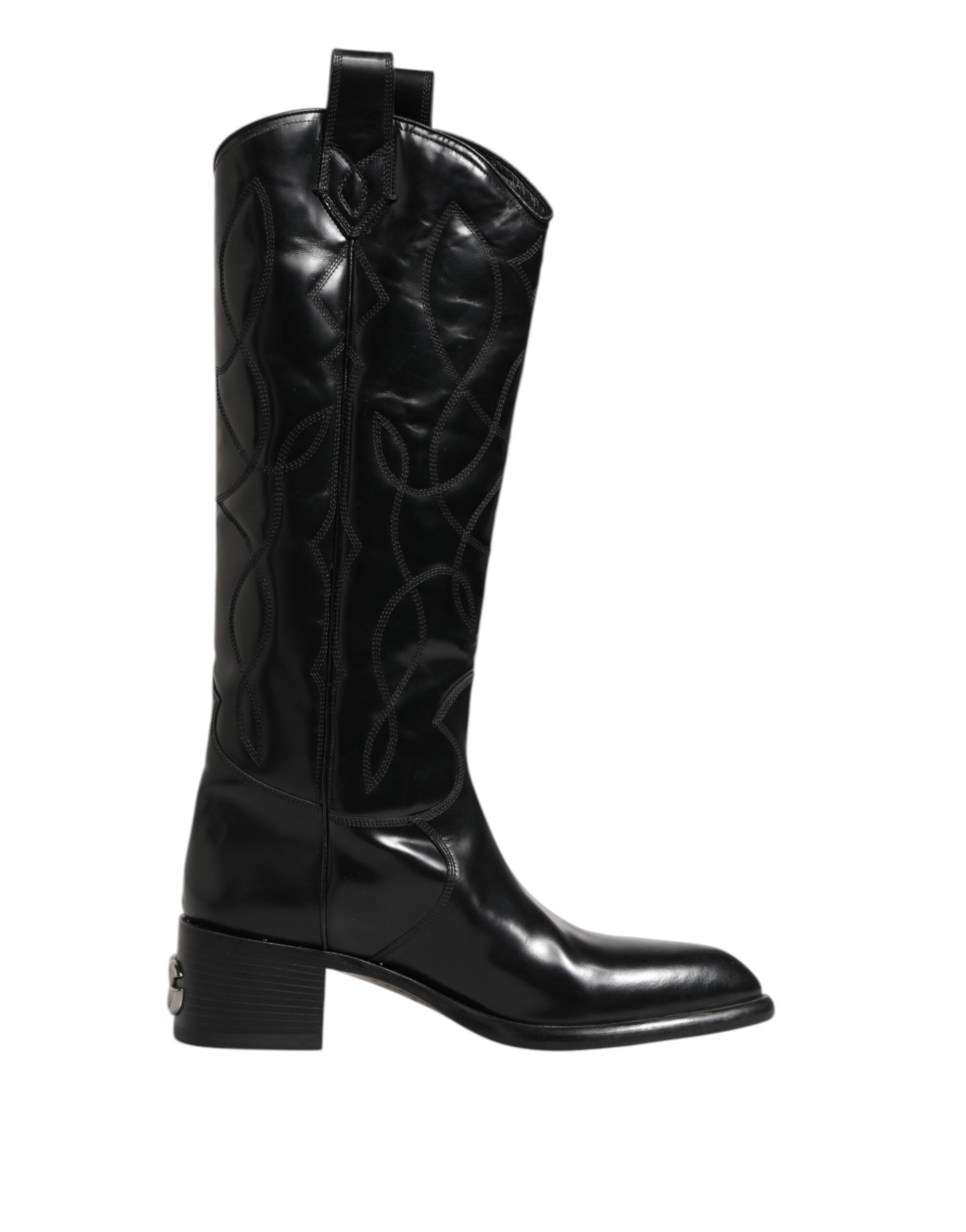 Black Leather Over The Calf Biker Boots Shoes - ventzia