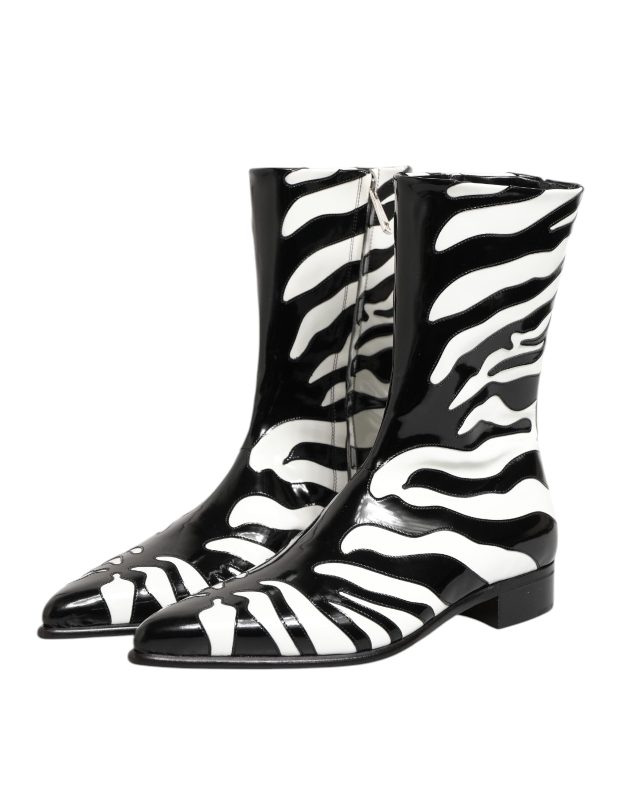 Black White Zebra Leather Mid Calf Boots Shoes - ventzia