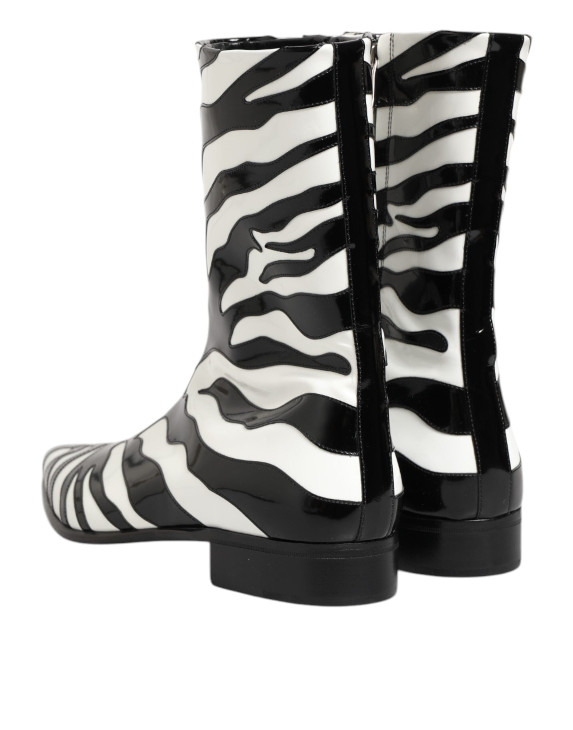 Black White Zebra Leather Mid Calf Boots Shoes - ventzia