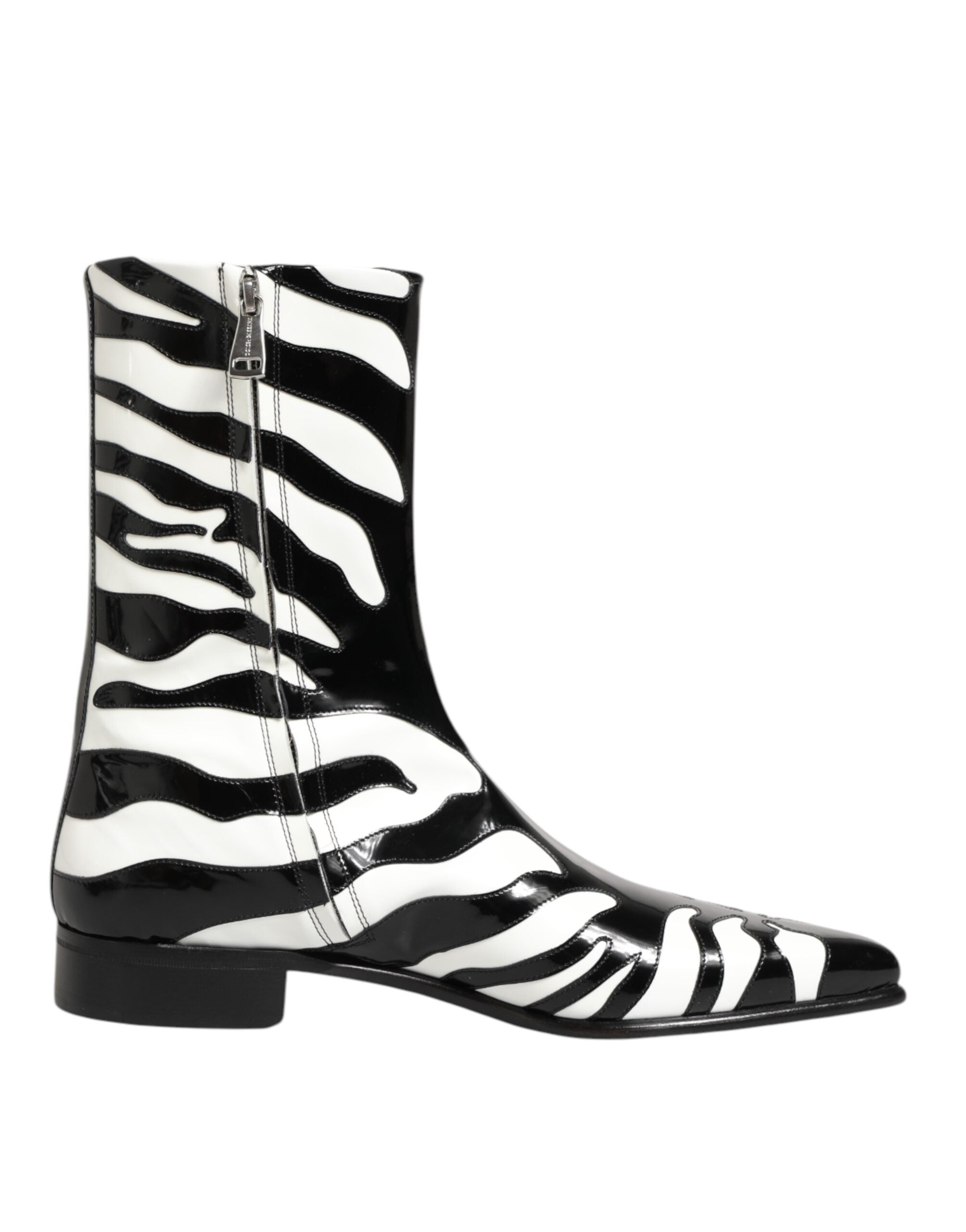 Black White Zebra Leather Mid Calf Boots Shoes - ventzia