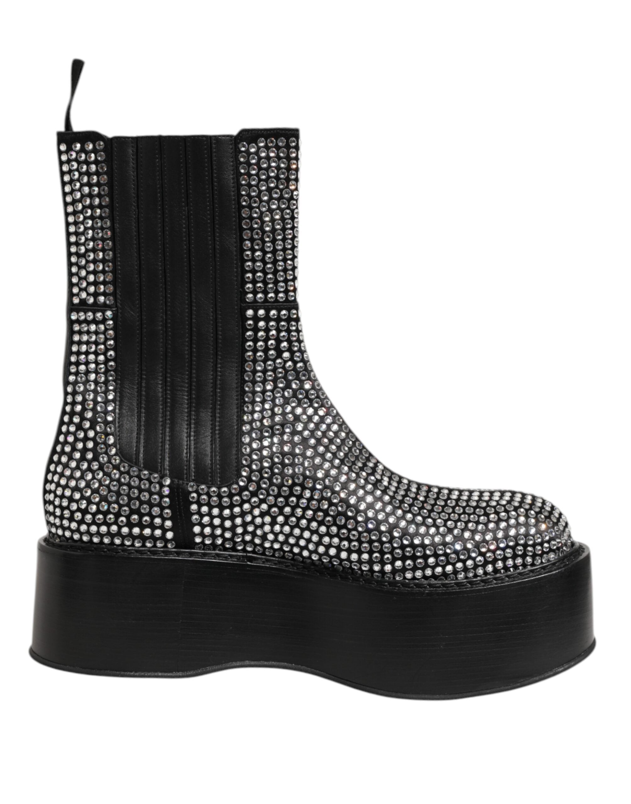 Black Crystal Strass Mid Calf Short Boots  Shoes - ventzia
