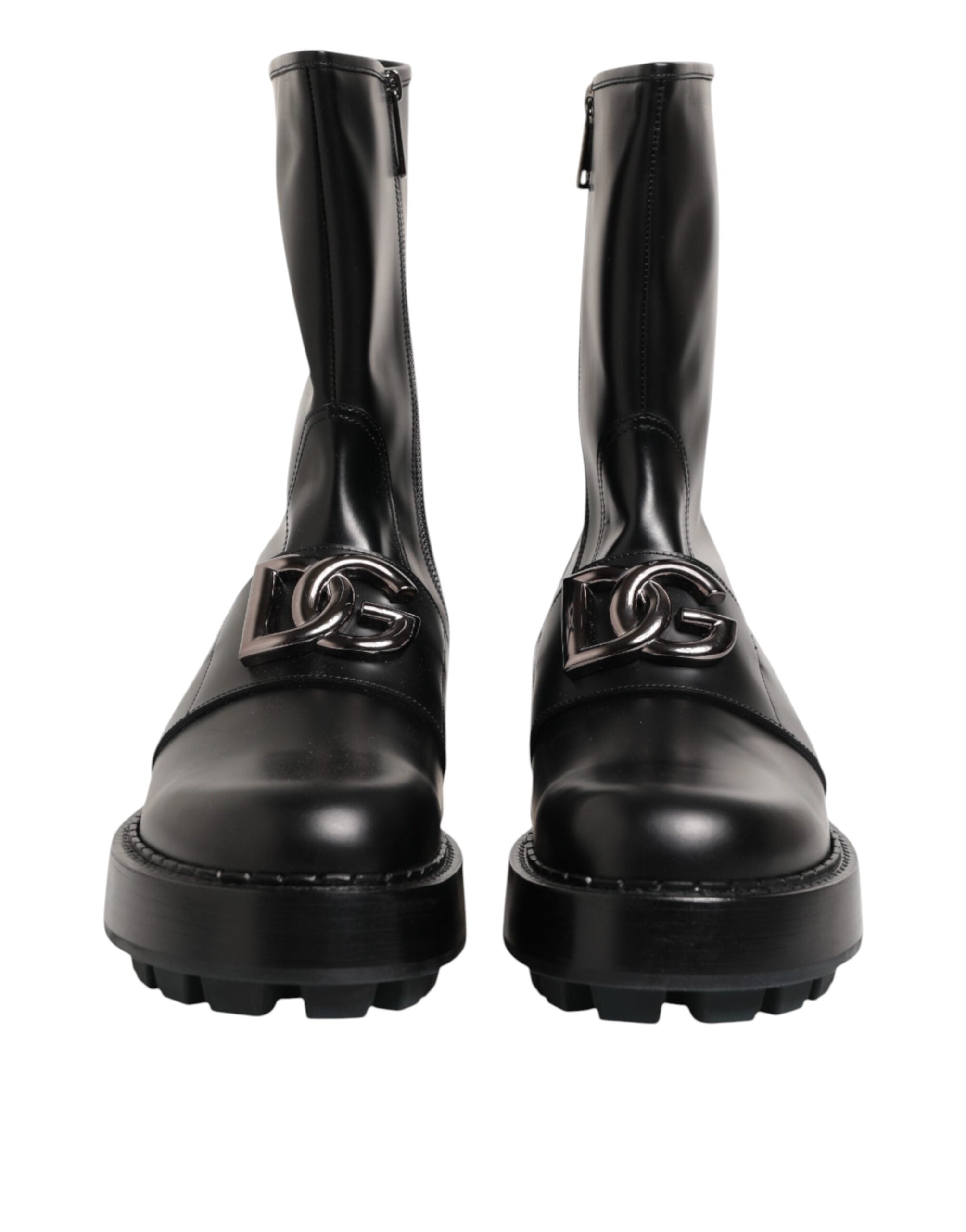 Black Logo Plaque Mid Calf Biker Boots Shoes - ventzia