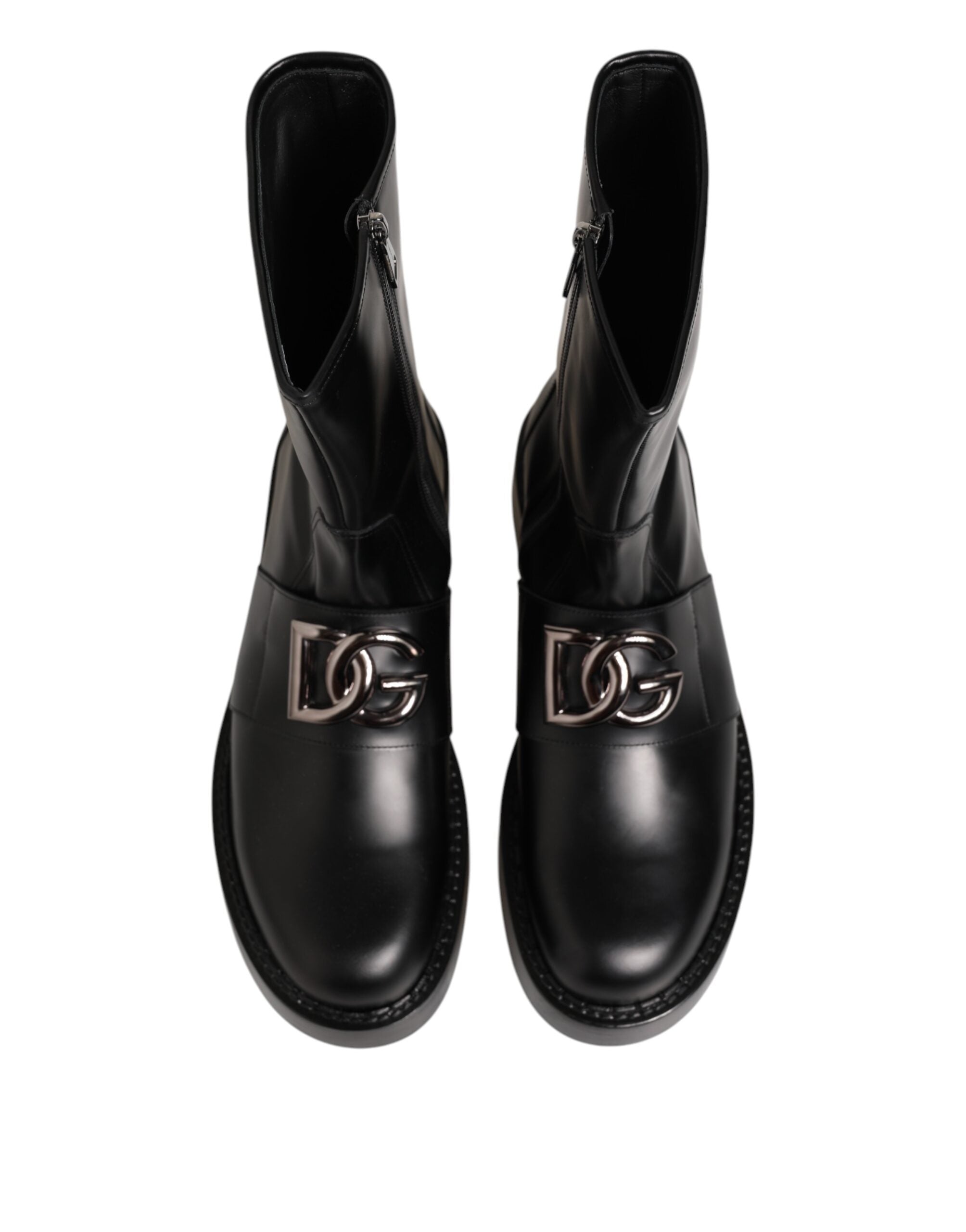 Black Logo Plaque Mid Calf Biker Boots Shoes - ventzia