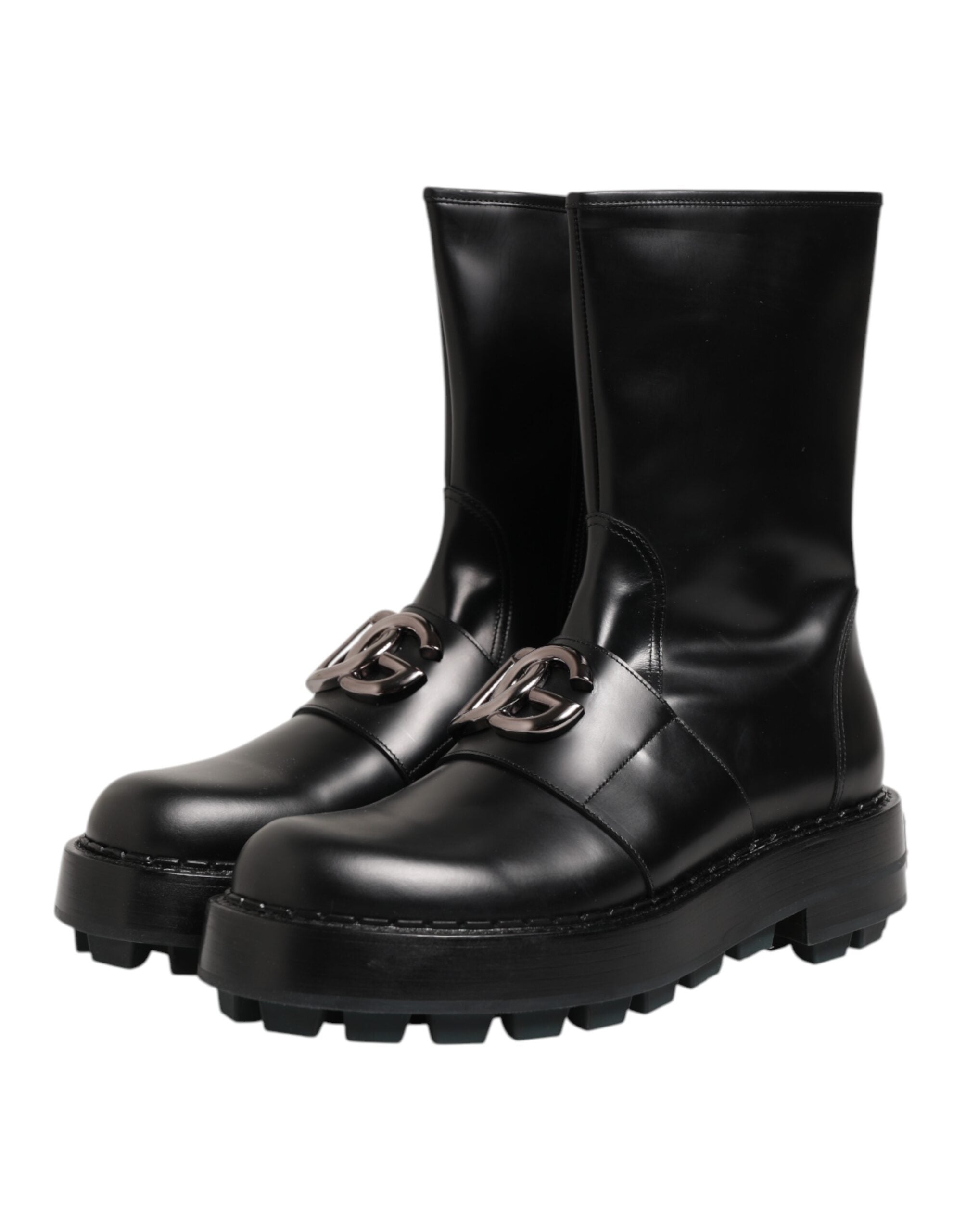 Black Logo Plaque Mid Calf Biker Boots Shoes - ventzia