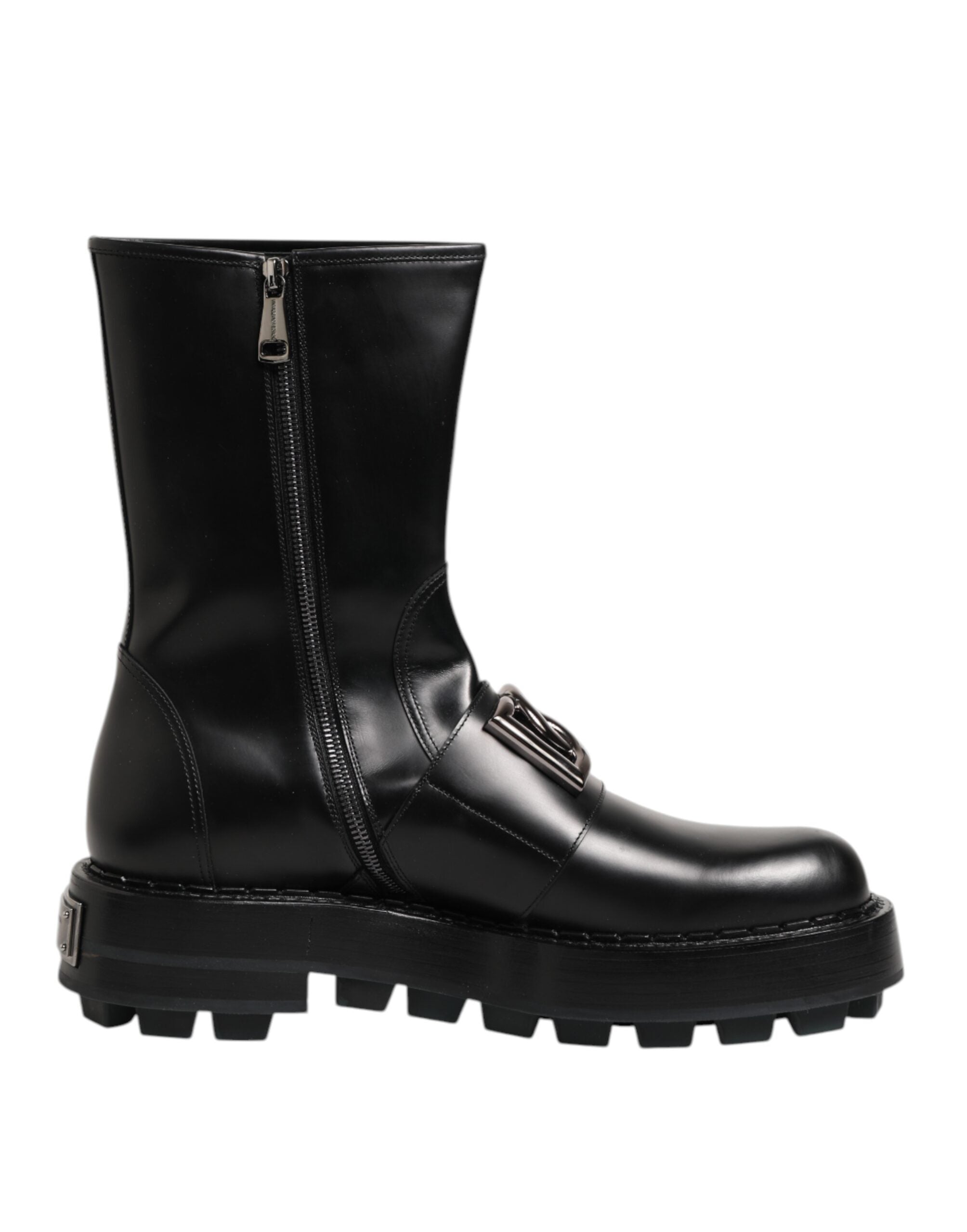Black Logo Plaque Mid Calf Biker Boots Shoes - ventzia