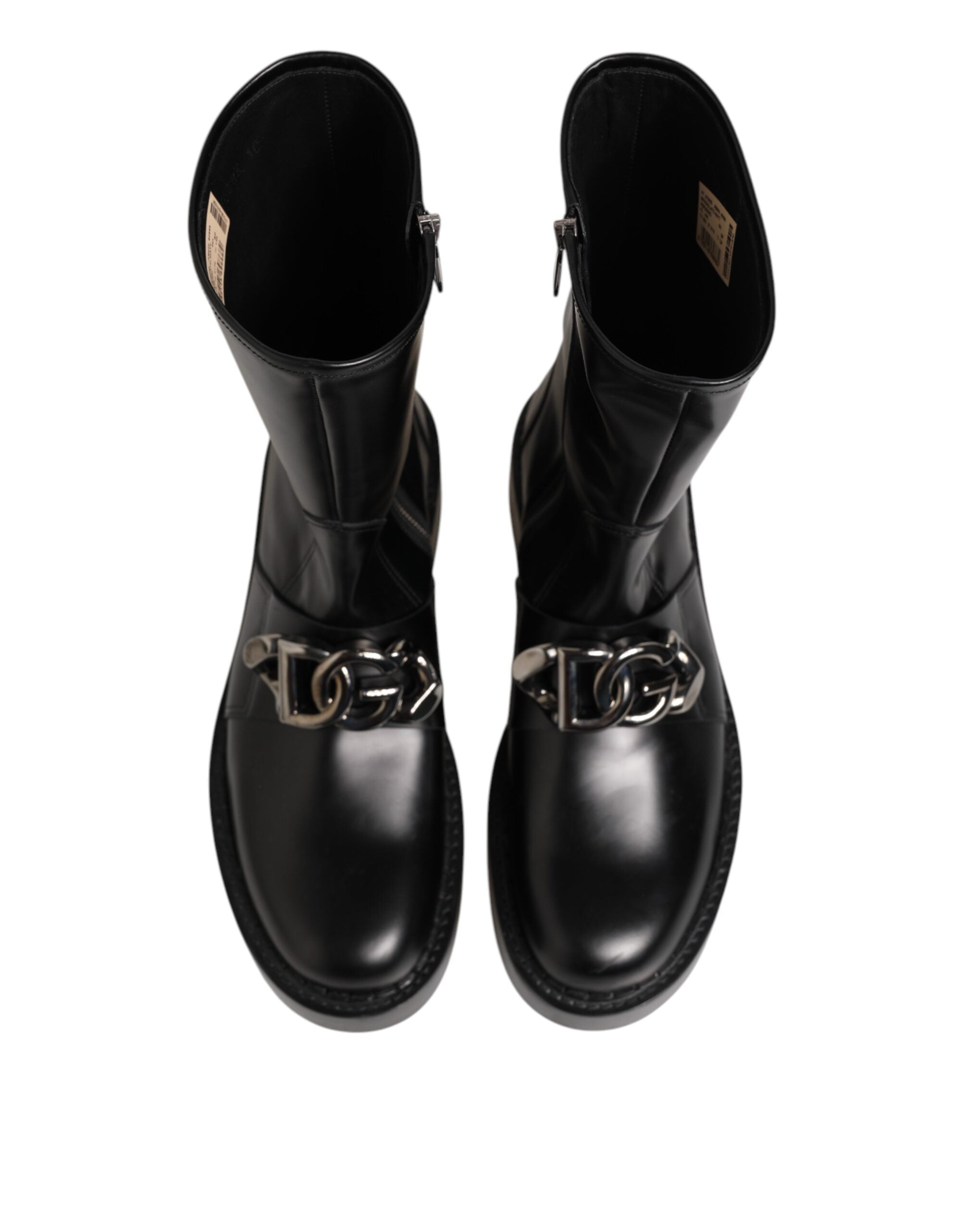 Black Logo Plaque Mid Calf Biker Boots Shoes - ventzia