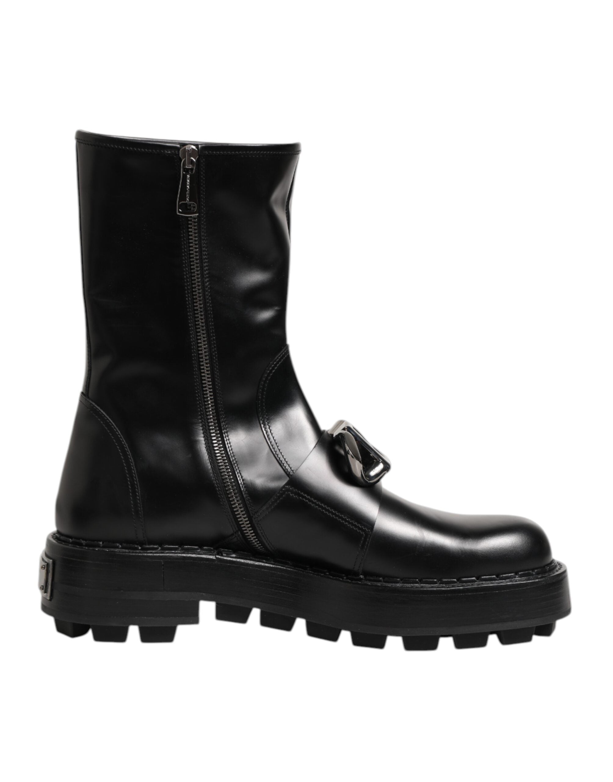 Black Logo Plaque Mid Calf Biker Boots Shoes - ventzia