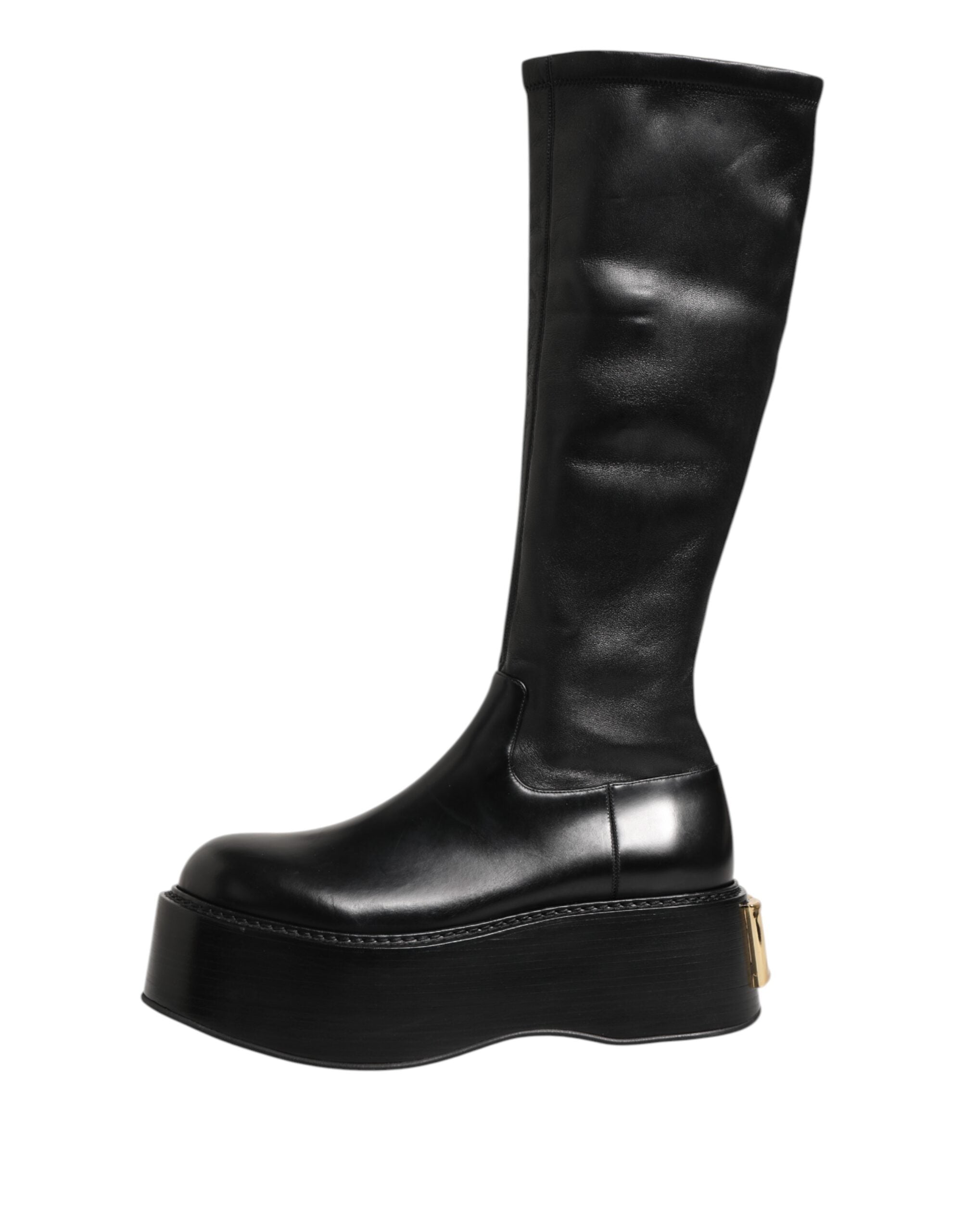 Black Logo Plaque Over The Calf Boots Shoes - ventzia