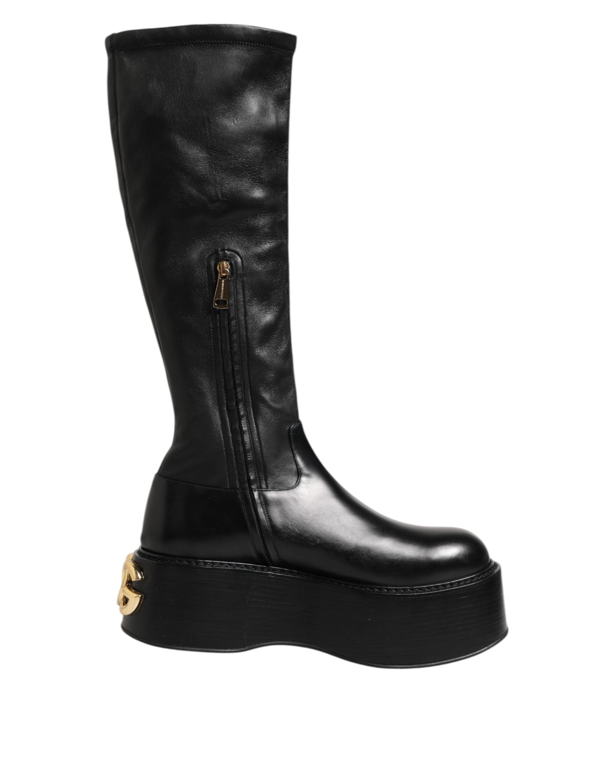 Black Logo Plaque Over The Calf Boots Shoes - ventzia