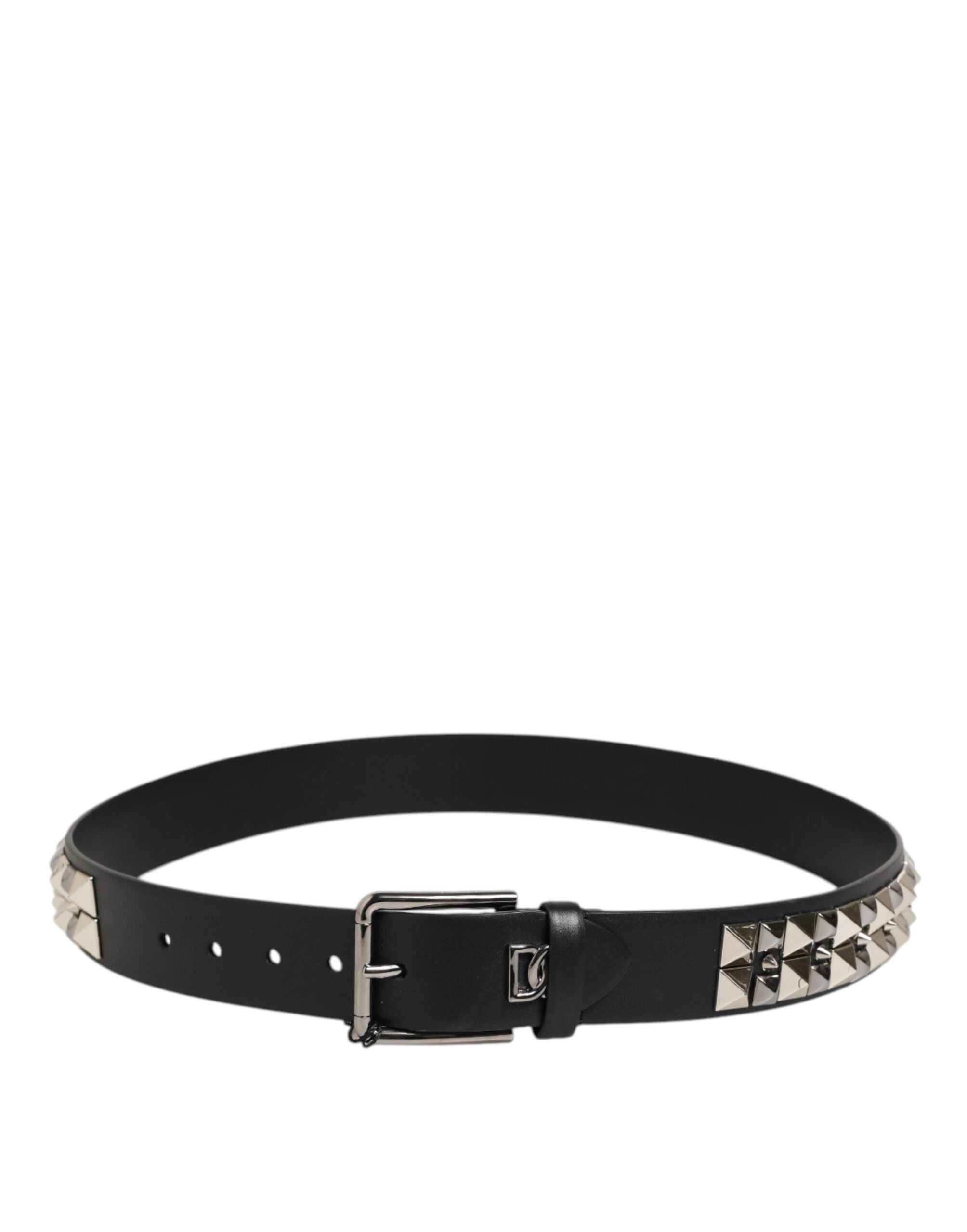 Black Calf Leather Studded Silver Buckle Belt - ventzia