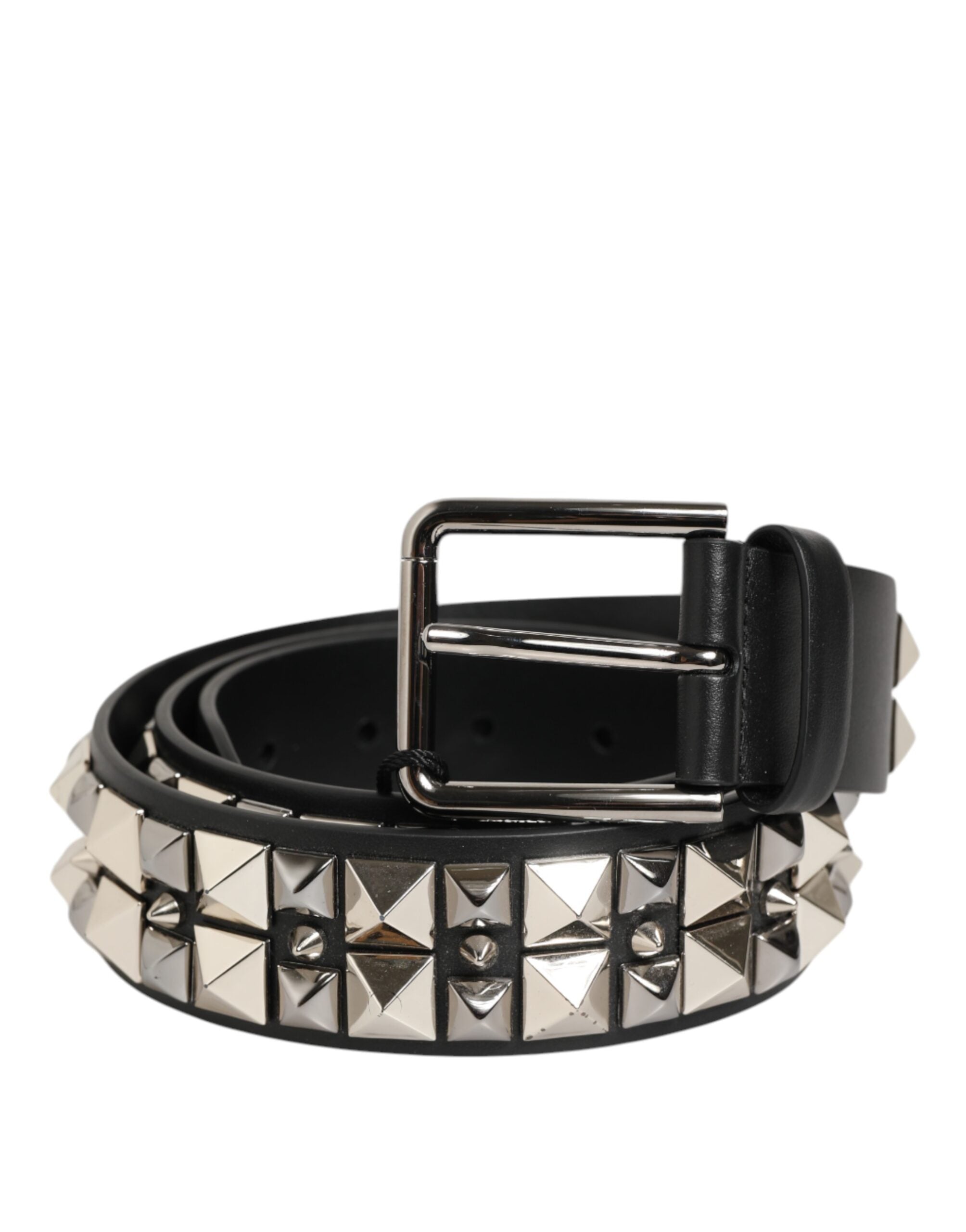 Black Calf Leather Studded Silver Buckle Belt - ventzia