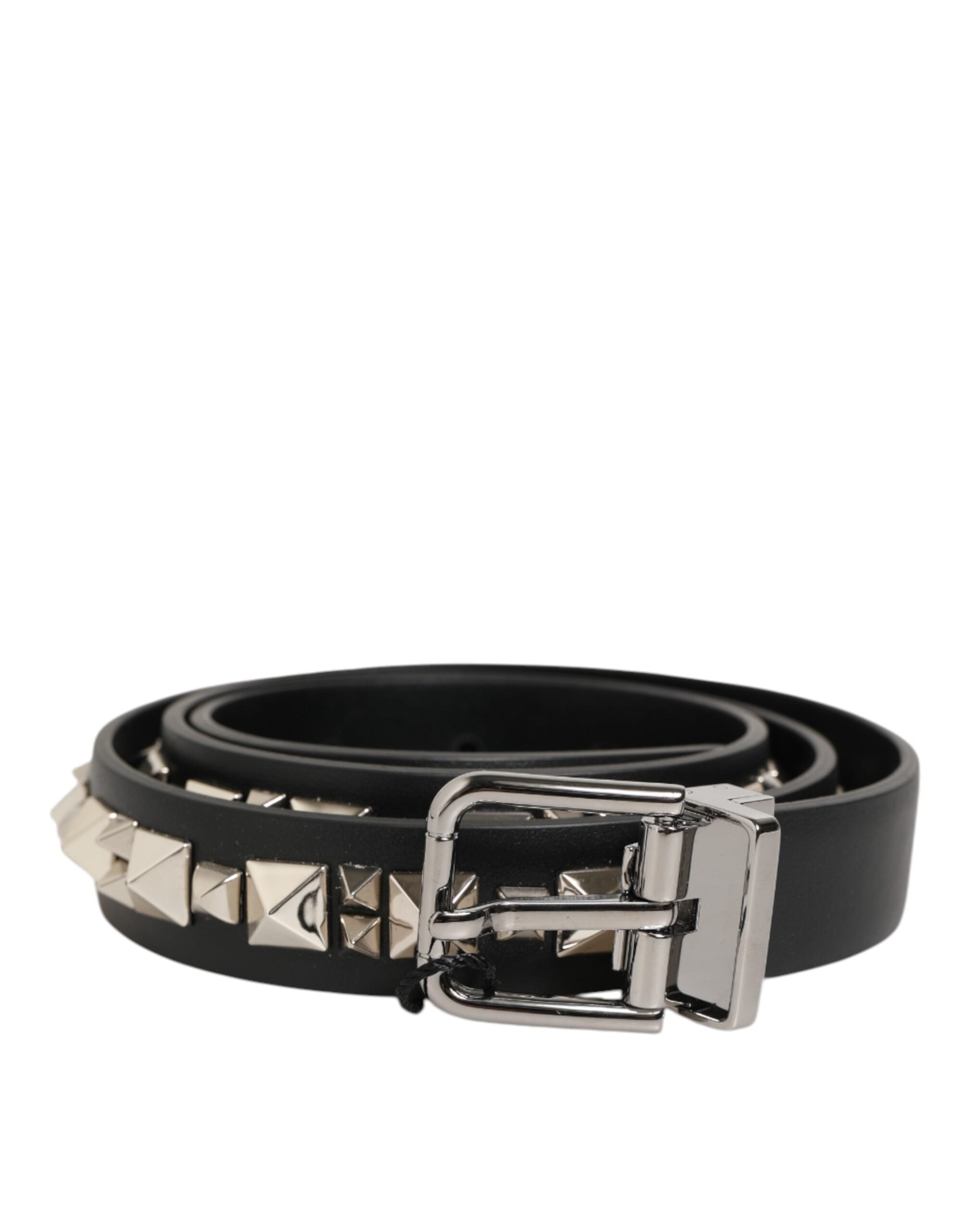 Black Leather Studded Silver-Tone Buckle Belt - ventzia
