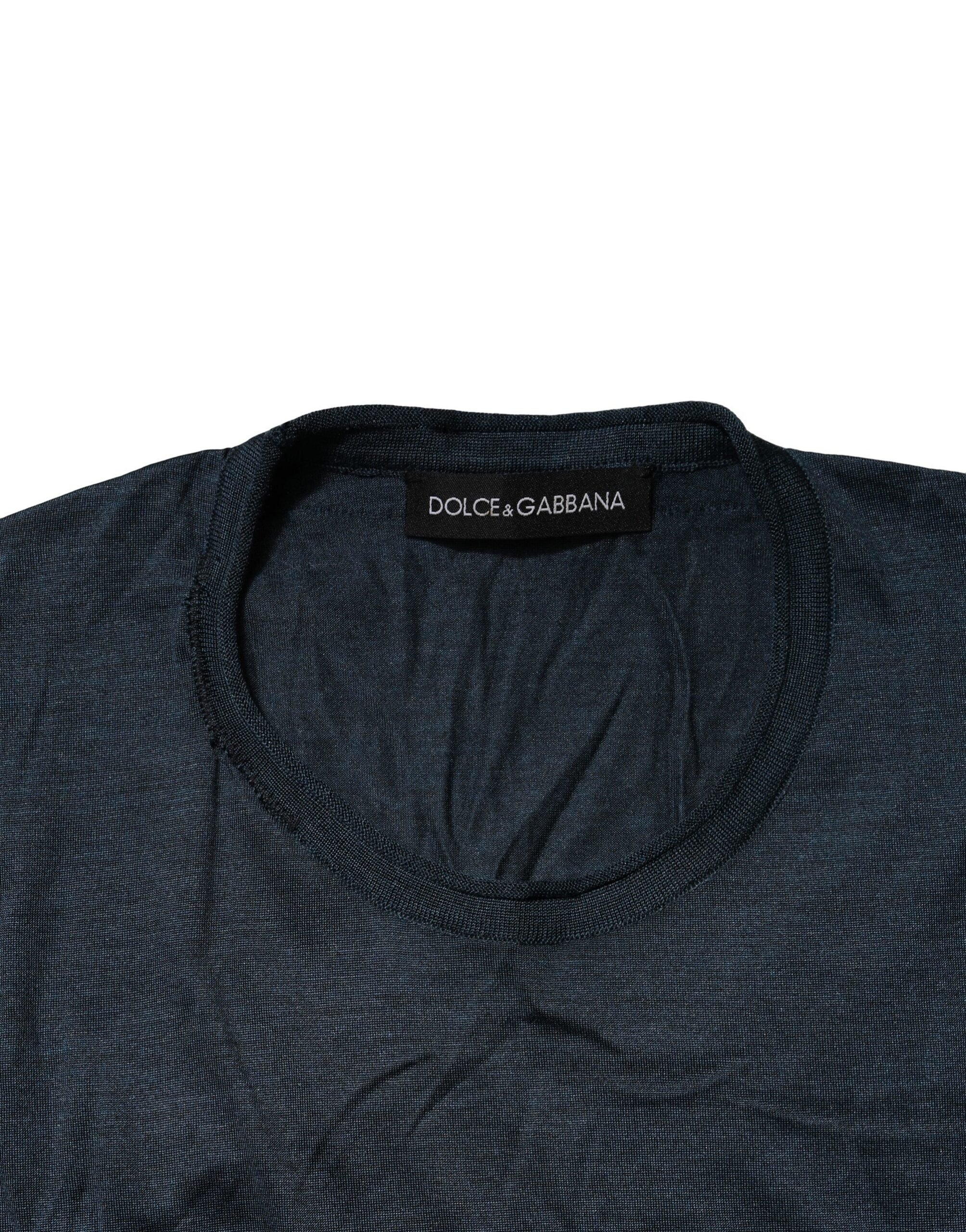 Blue Silk Crew Neck Short Sleeves Men T-Shirt