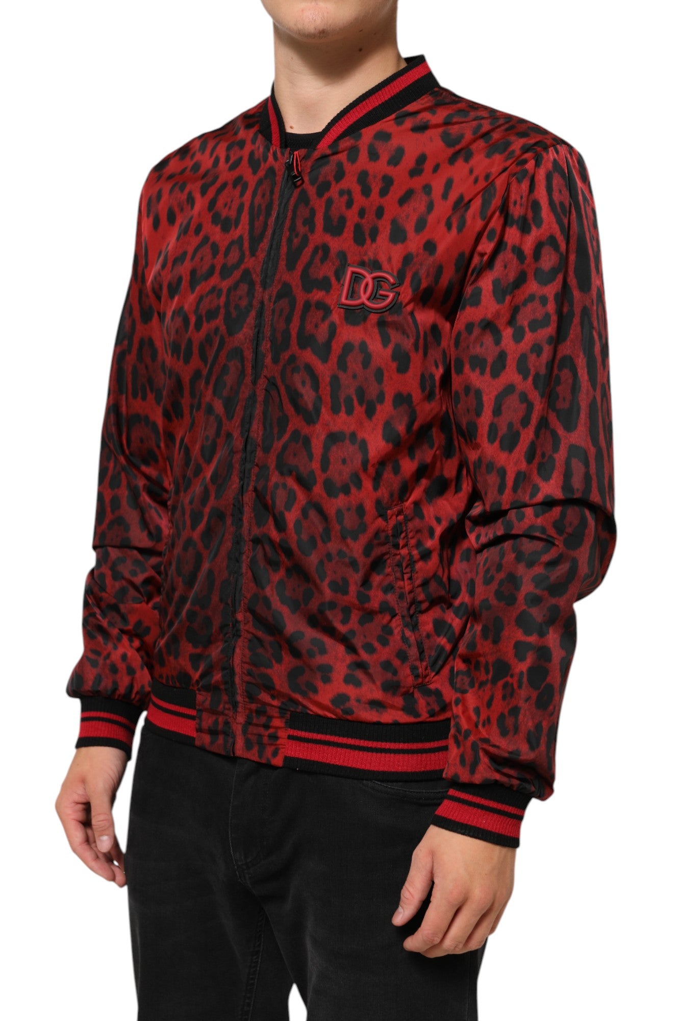 Red Leopard Print Full Zip Bomber Men Jacket - ventzia