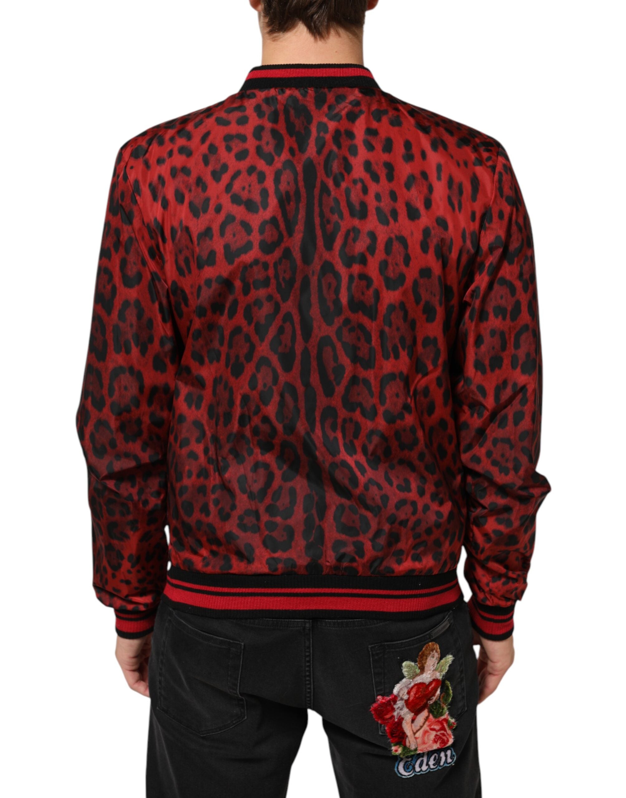 Red Leopard Print Full Zip Bomber Men Jacket - ventzia