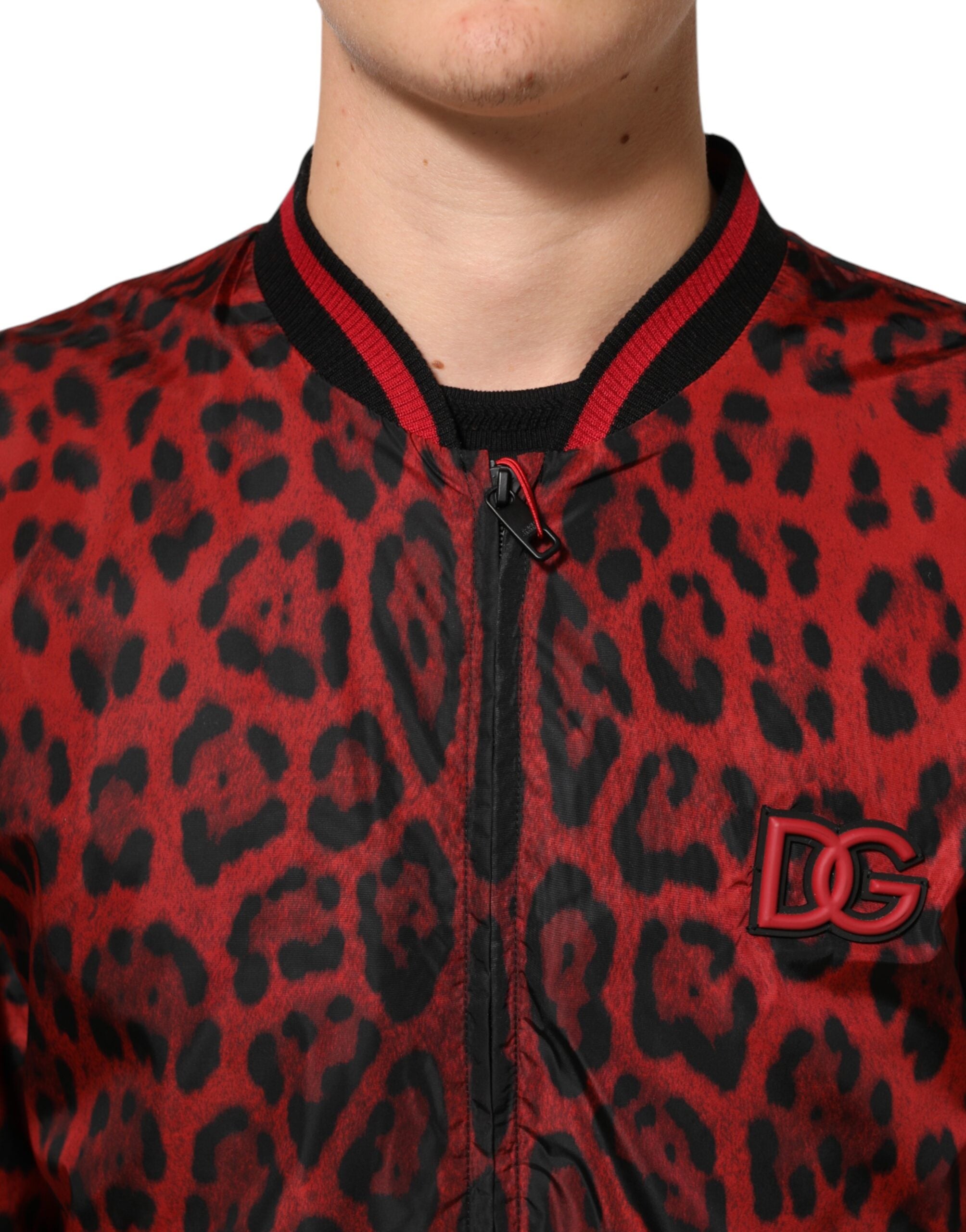 Red Leopard Print Full Zip Bomber Men Jacket - ventzia