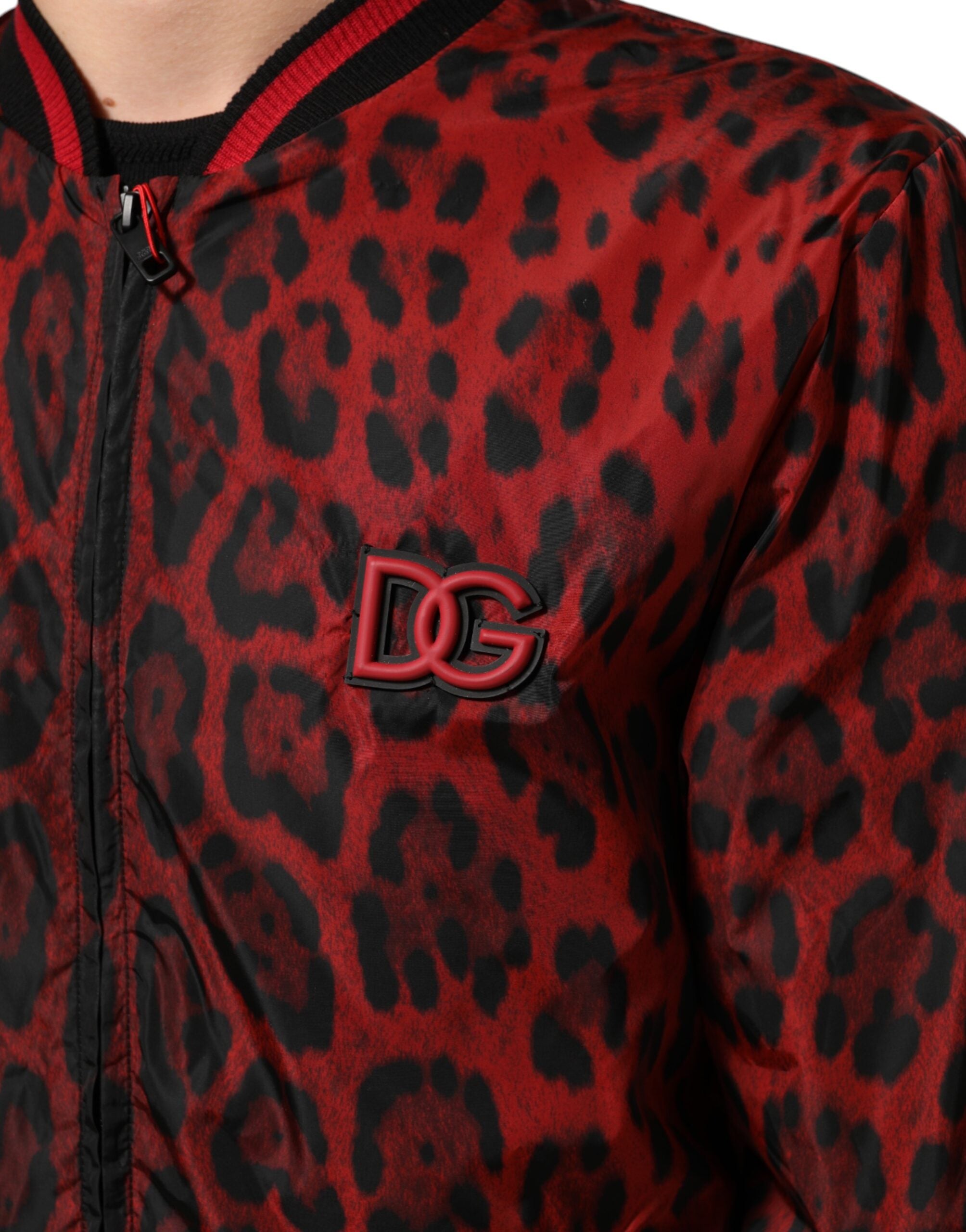 Red Leopard Print Full Zip Bomber Men Jacket - ventzia