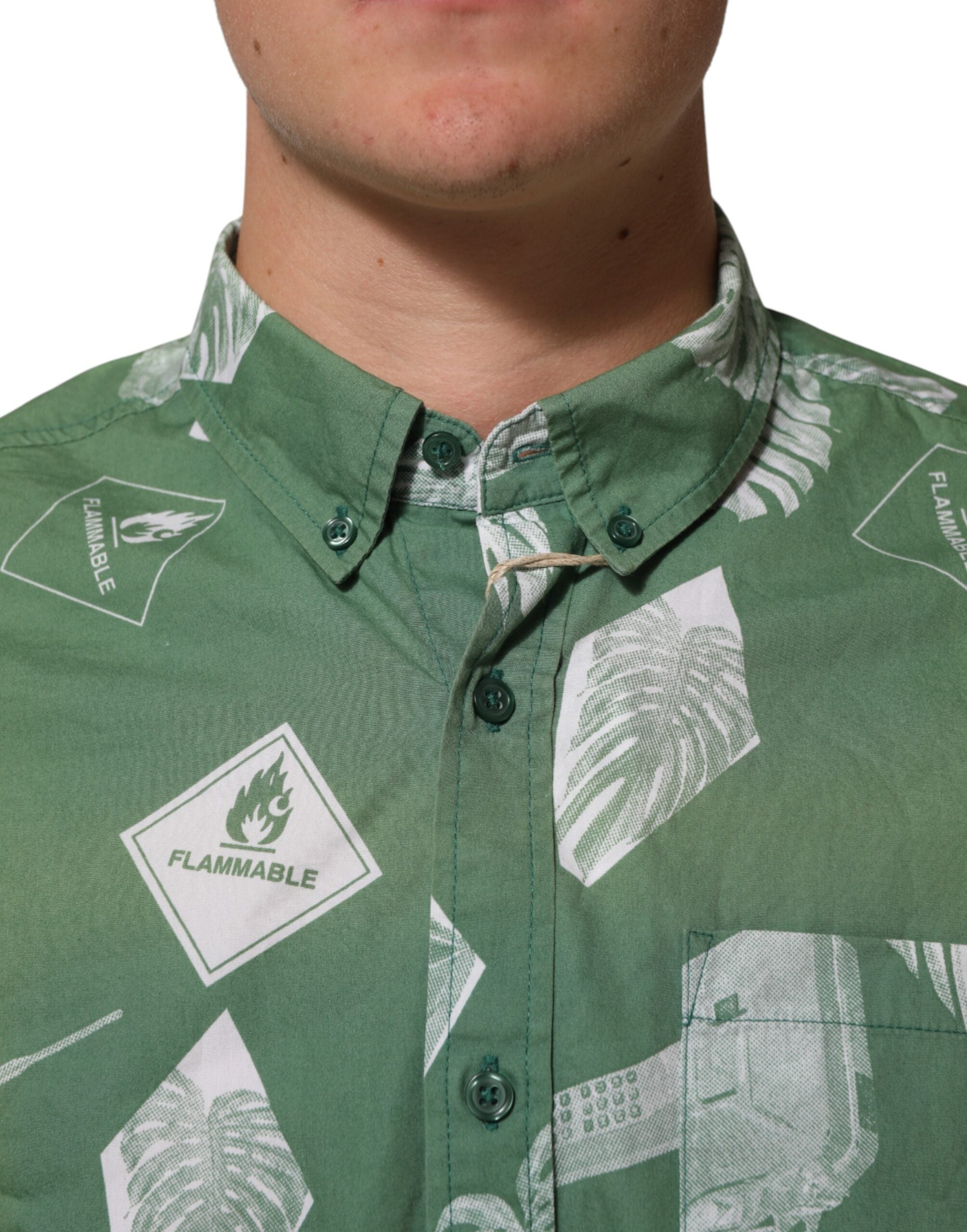 Green Printed Cotton Collared Short Sleeves Polo Shirt