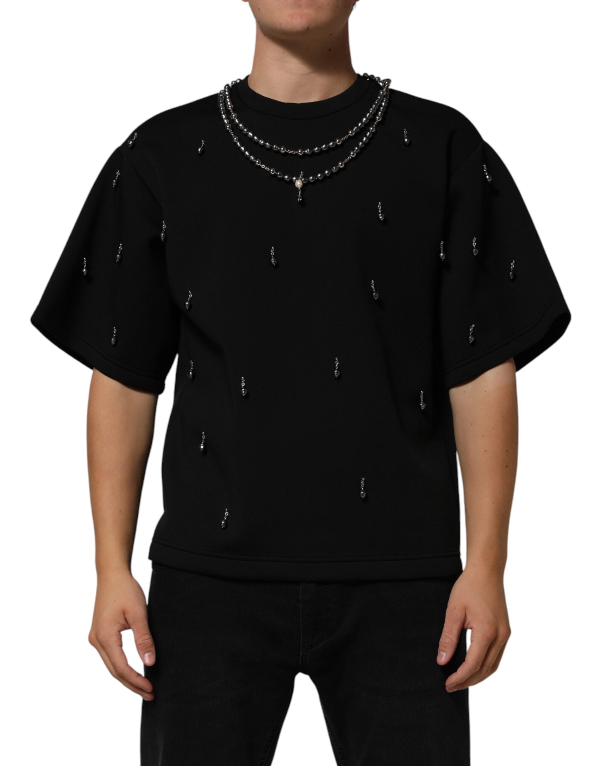 Black Polyester Necklace Embellished T-shirt - ventzia