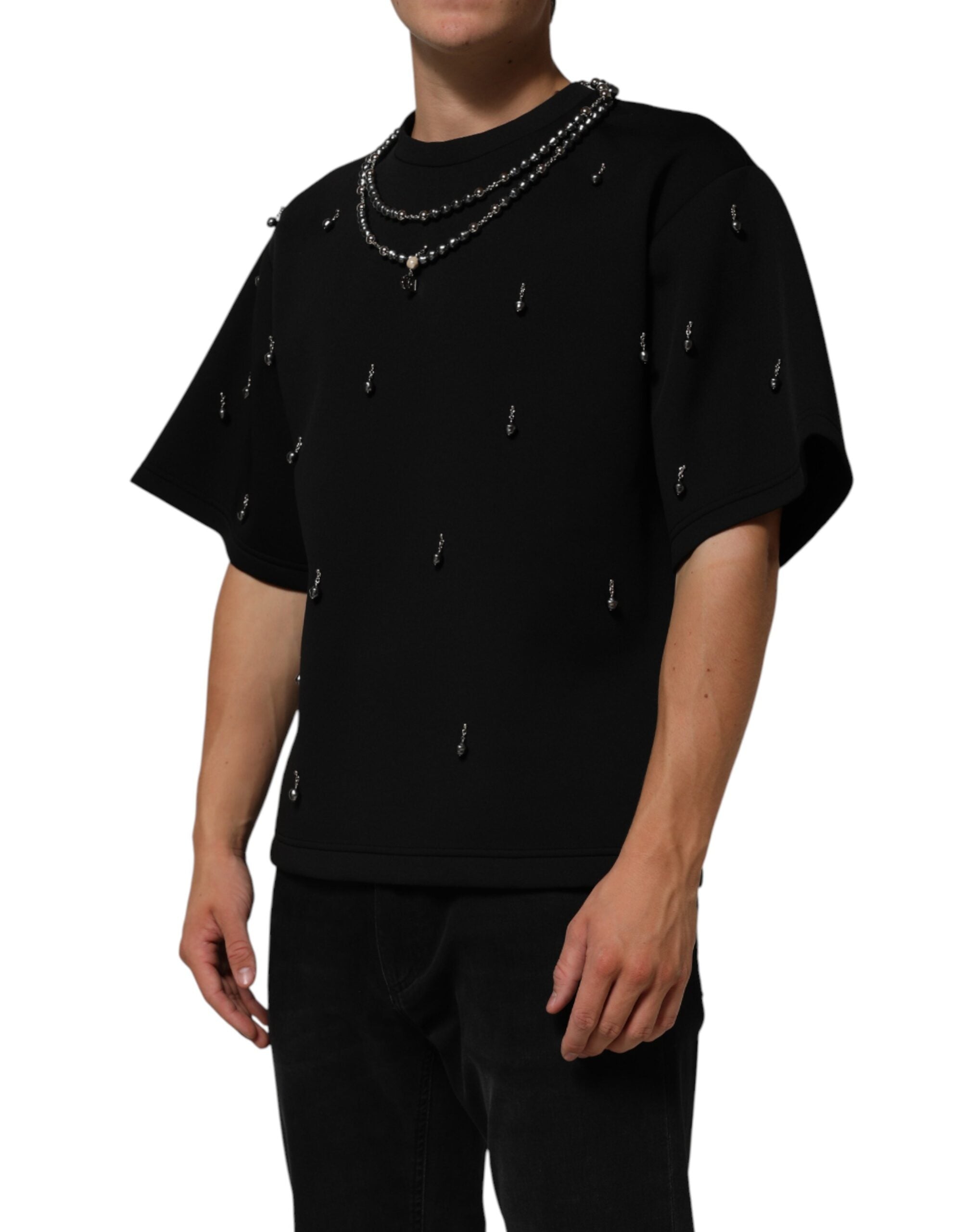 Black Polyester Necklace Embellished T-shirt - ventzia