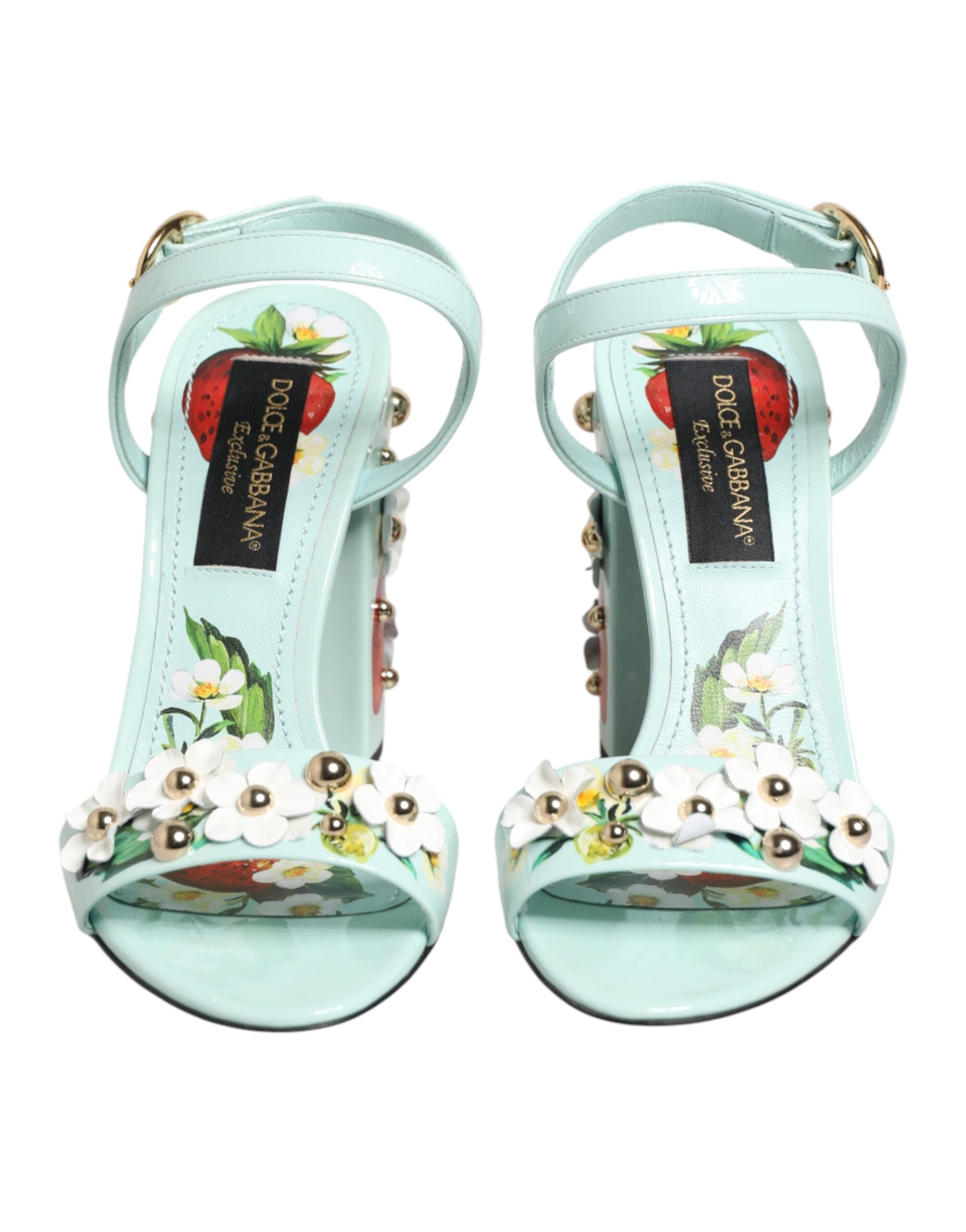 Mint Green Floral Studs Heels Sandals Shoes - ventzia
