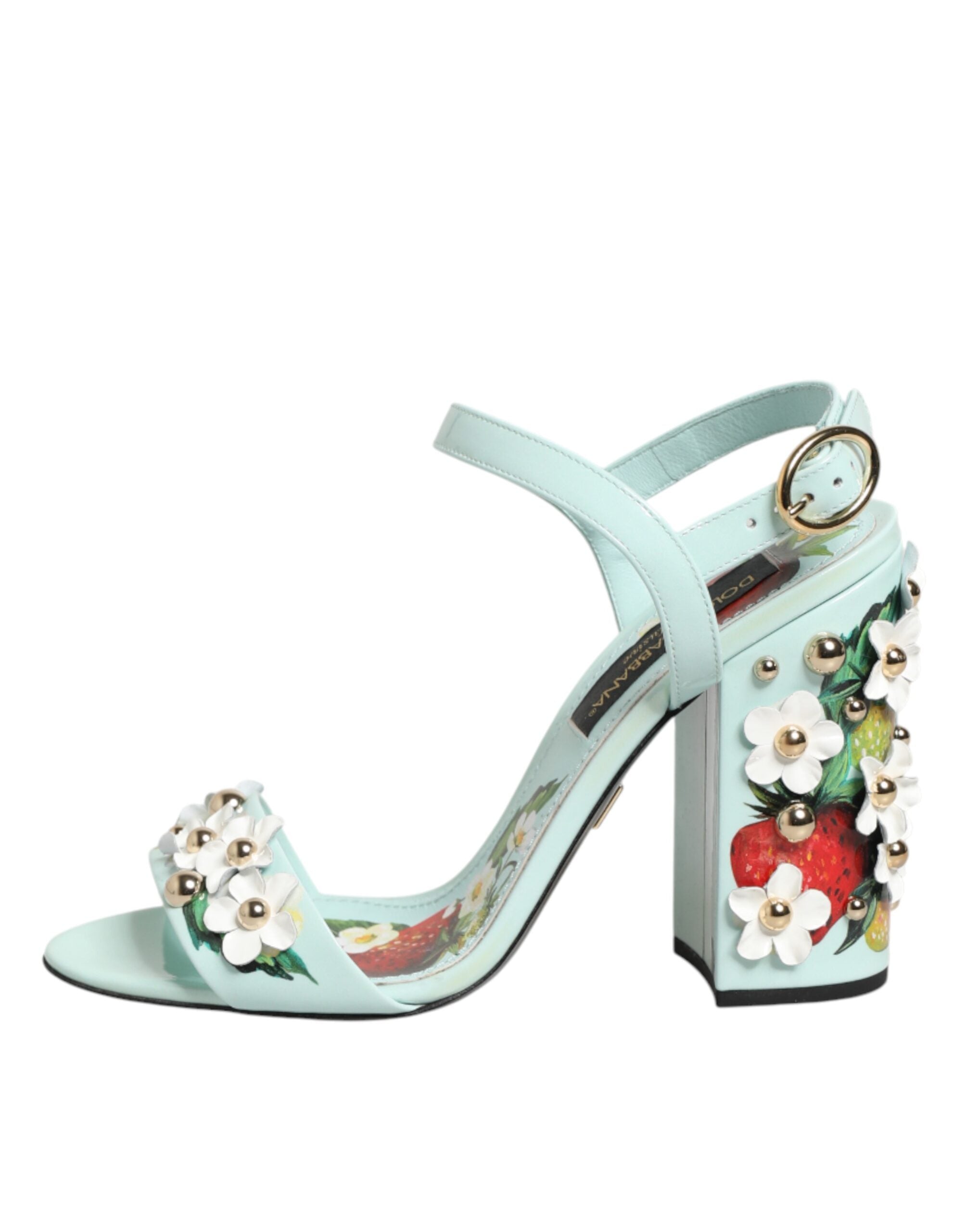 Mint Green Floral Studs Heels Sandals Shoes - ventzia